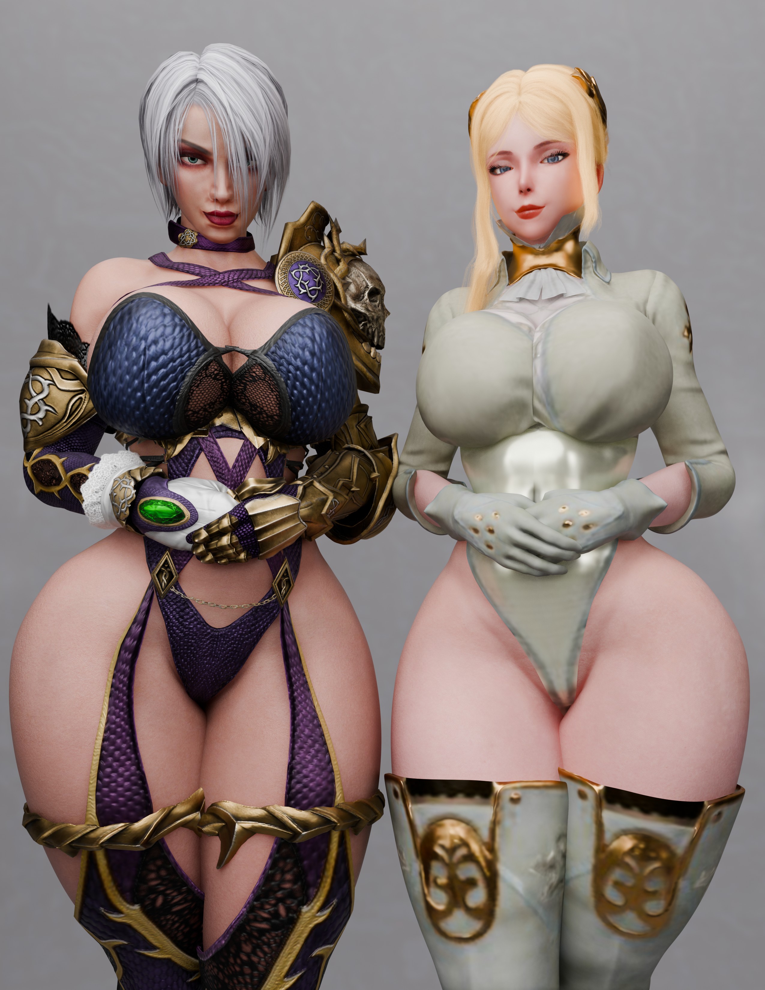 2girls, 3d, big breasts, blender, blonde hair, child bearing hips, cleavage, cpt-flapjack, crossover, female, female focus, female only, gloves, isabella valentine, keyd10iori, leotard, lieutenant flapjack, looking at viewer, milf, nier: automata, seductive smile, soul calibur, thick thighs, thighhighs, thighs, voluptuous, voluptuous female, white hair, wide hips, yorha commander