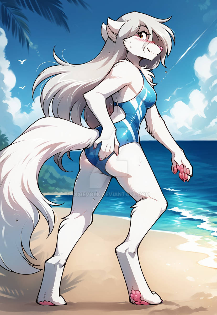 1girls ai_generated anthro ass beach blue_one-piece_swimsuit blue_sky blue_swimsuit blush breasts butt canid canine canis chest_tuft clear_sky clouds deviantart dixievolk ears_back female furry grey_hair keidran long_hair looking_at_viewer looking_back ocean one-piece_swimsuit outdoors outside pawpads pink_nose raine_silverlock sand seagull silver_hair sky smile smiling_at_viewer sunlight sweat sweatdrop sweating sweaty sweaty_body tom_fischbach trees twokinds water white_body white_fur white_tail wolf wolf_girl yellow_eyes