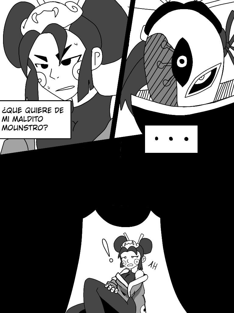 !, ..., 1futa, 1girls, black hair, brawl stars, chimbo tieso, comic, dialogue, exposed shoulders, female, female focus, fully clothed, futa on female, kaze (brawl stars), monochrome, nervous, on floor, self upload, shukuteki tara, spanish text, sweat, tagme, tara (brawl stars), text
