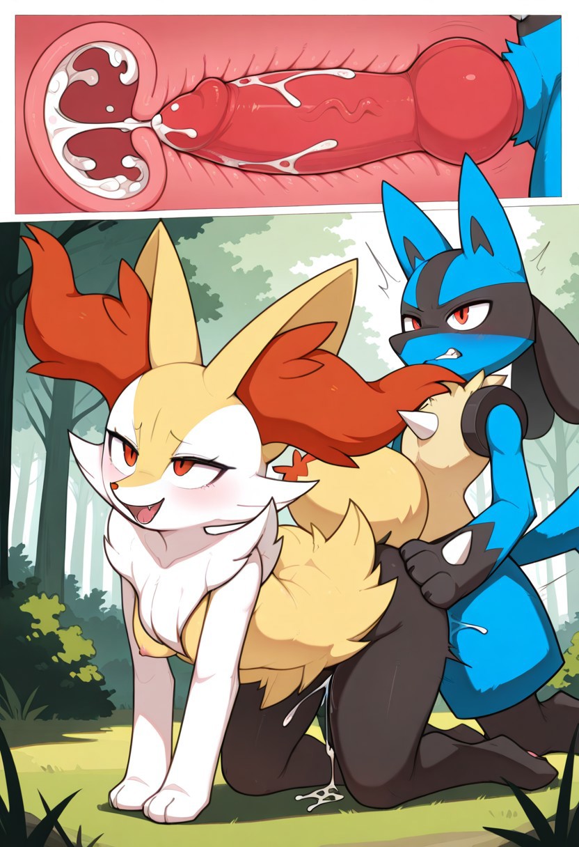 ai generated, anguirus12345, animal genitalia, animal penis, anthro, anthro on anthro, anthro penetrated, anthro penetrating, anthro penetrating anthro, blush, bodily fluids, braixen, breasts, canine genitalia, canine penis, cum, cum in mouth, cum inside, doggy style, duo, female, female braixen, female penetrated, forest, forest background, from behind position, generation 4 pokemon, generation 6 pokemon, genital fluids, genitals, hi res, internal, knotting, lucario, male, male lucario, male penetrating, male penetrating female, male/female, nature, nature background, nintendo, nipples, penetration, penile, penile penetration, penis, penis in pussy, plant, pokemon, pokemon (species), pussy, sex, small breasts, tree, vaginal penetration