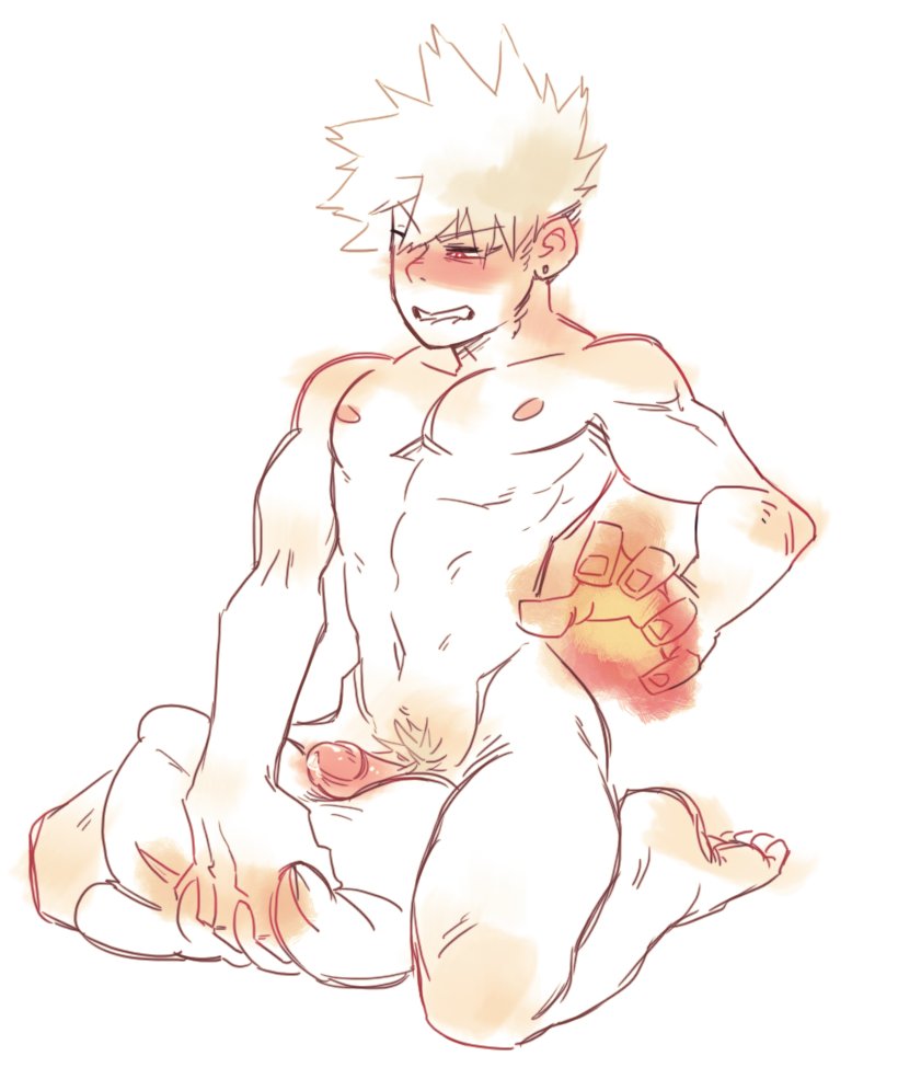 1boy, blonde hair, blush, fire, katsuki bakugou, lip biting, male, male only, masturbation, my hero academia, penis, pierced ears, pillow, pillow humping, precum, pubic hair, red eyes, solo, spiky hair, tagme