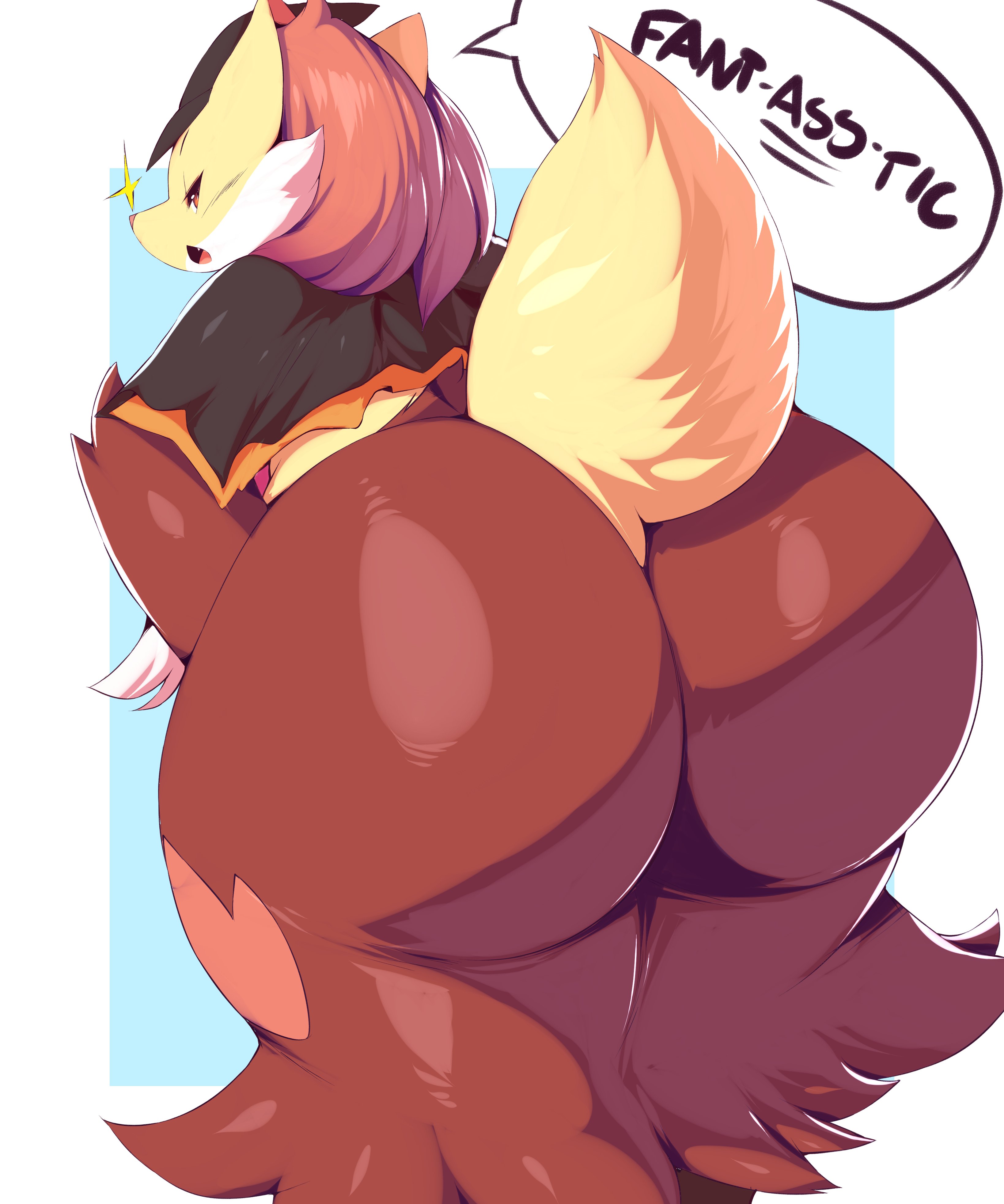 1girls, 2018, absurd res, anthro, ass, big ass, blue background, border, canine, chubby, clothes, delphox, english text, eyelashes, female, female only, fluffy, fox, fur, furry, hat, highres, hips, huge ass, huge butt, huge hips, large ass, looking at viewer, looking back, mammal, multicolored fur, nintendo, open mouth, orange eyes, orange fur, overweight, overweight female, pokémon (species), pokemon, pokemon (species), pokemon xy, pokemorph, rear view, red eyes, red fur, simple background, solo, speech bubble, tail, talking to viewer, teeth, text, thick thighs, thighs, trinity-fate62, white border, white fur, wide hips, yellow fur