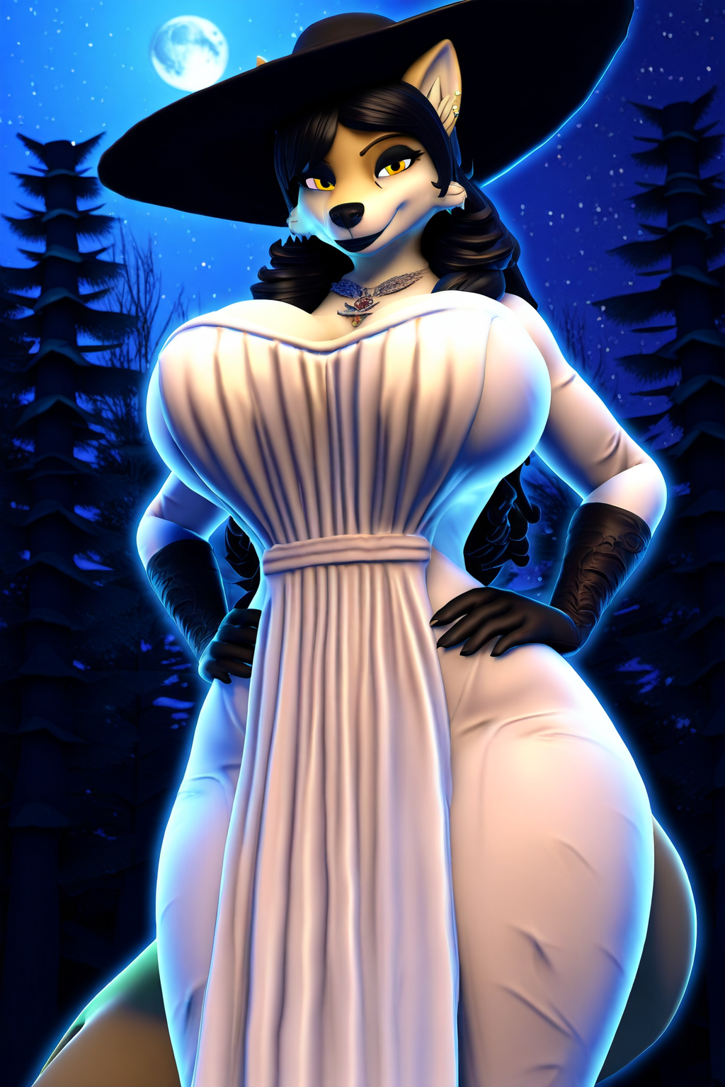 3d ai_generated alcina_dimitrescu alcina_dimitrescu_(cosplay) anthro black_eyeshadow black_hair cleavage dress elbow_gloves eyeshadow female female_focus furry furry_focus furry_only giant_breasts hands_on_hips looking_at_viewer majorfluffy mature_female novelai straight_hair white_dress wolf wolf_girl