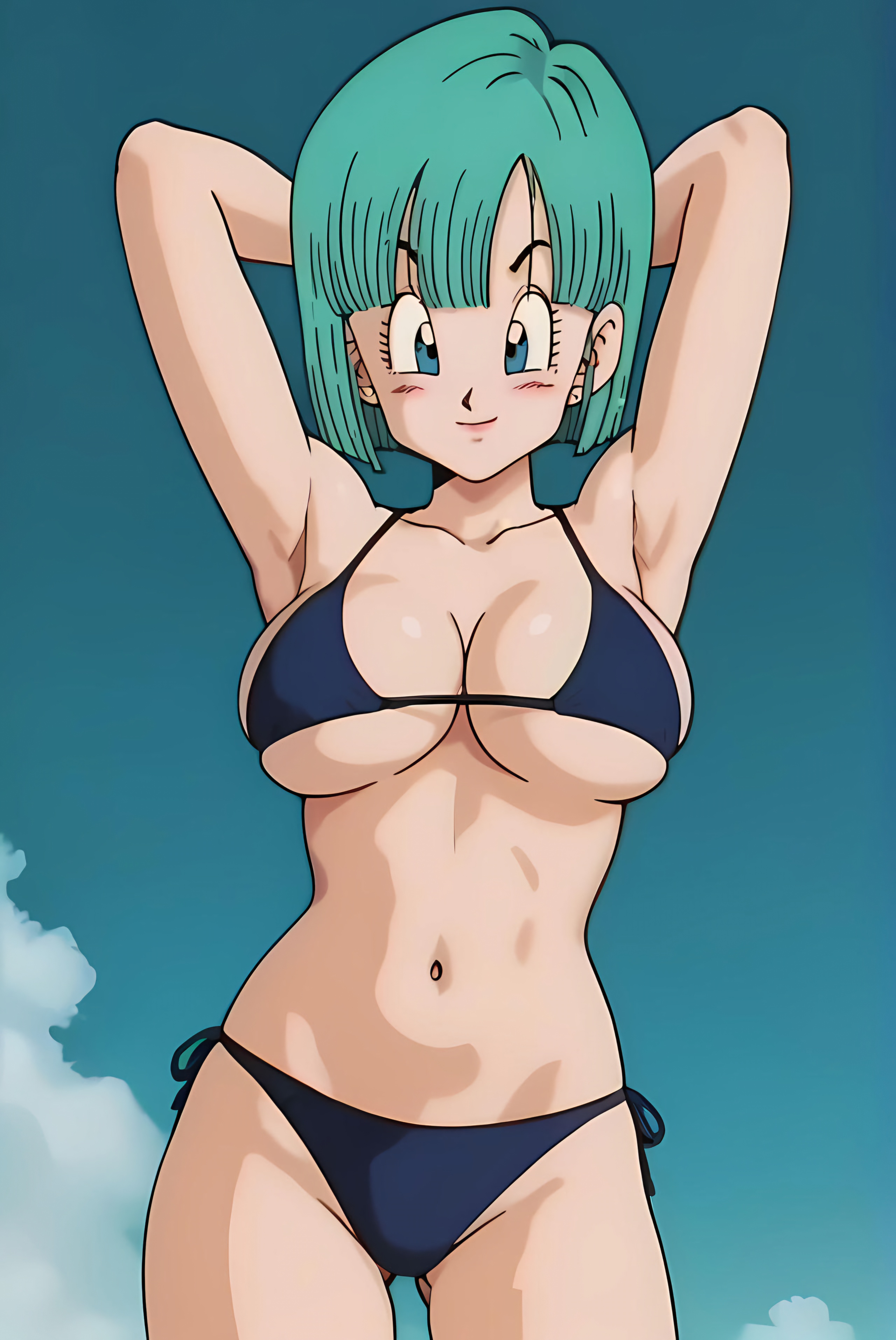 accurate art style, ai generated, bikini, bulma briefs, dragon ball, dragon ball z, ecchitoday, female, retro artstyle, simple background