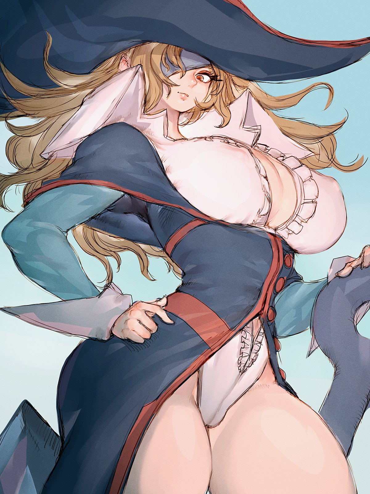 1girls 2024 big_breasts blonde_hair capcom eyepatch female female_only fumio_(rsqkr) hand_on_hip hi_res long_hair looking_at_viewer marvel_vs._capcom marvel_vs._capcom_2 orange_eyes pirate pirate_hat ruby_heart solo thick_thighs