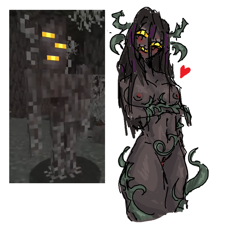 1girl 1girls 2d 2d_artwork 3_eyes areola areolae arm_under_breasts blush female female_only genitals low_res minecraft minecraft_mob monster monster_girl orange_eyes plain_background pussy reference_image sketch solo standing supporting_breasts tagme the_creaking_(minecraft) tree_monster vines white_background wwberry yellow_eyes