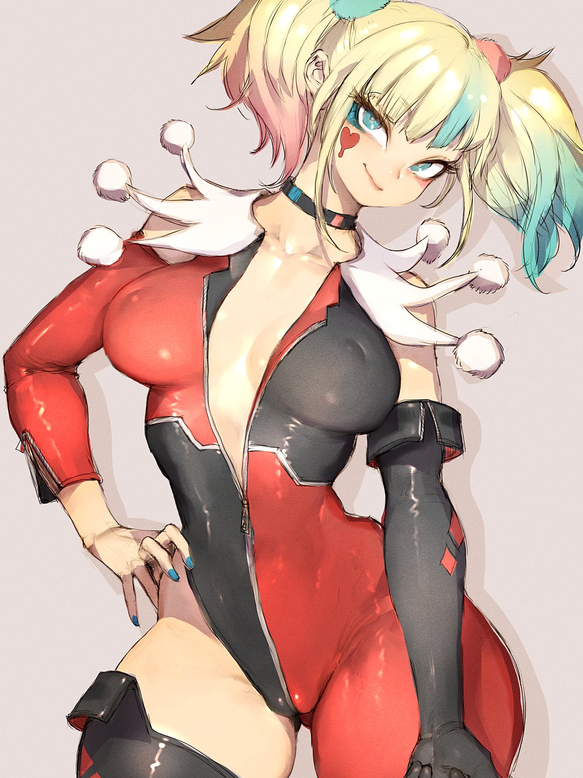 1girls, 2024, arm sleeves, armwear, batman (series), blonde hair, blue eyes, blue highlights, choker, dc, dc comics, female, female only, fumio (rsqkr), hand on hip, harley quinn, hi res, looking at viewer, nipple bulge, red highlights, simple background, smiling, smiling at viewer, solo, suicide squad, suicide squad isekai, thick thighs, twintails, unzipped
