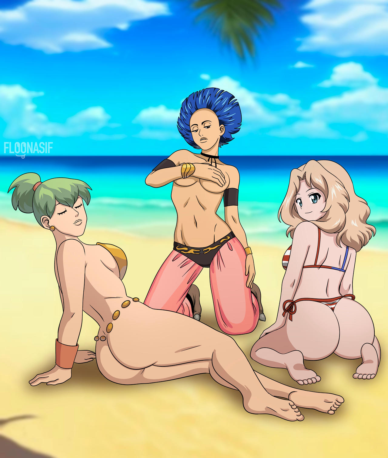 3girls american_flag_bikini ass beach blue_hair bracelet bubble_butt closed_eyes closed_eyes covering_breasts crossover dat_ass diva_shaliqua floonasif girls_und_panzer green_hair harem harem_girl harem_outfit harem_pants kay_(girls_und_panzer) kneeling minna_star_wars ponytail seaside slave slave_collar slave_outfit slavegirl star_wars theelin topless