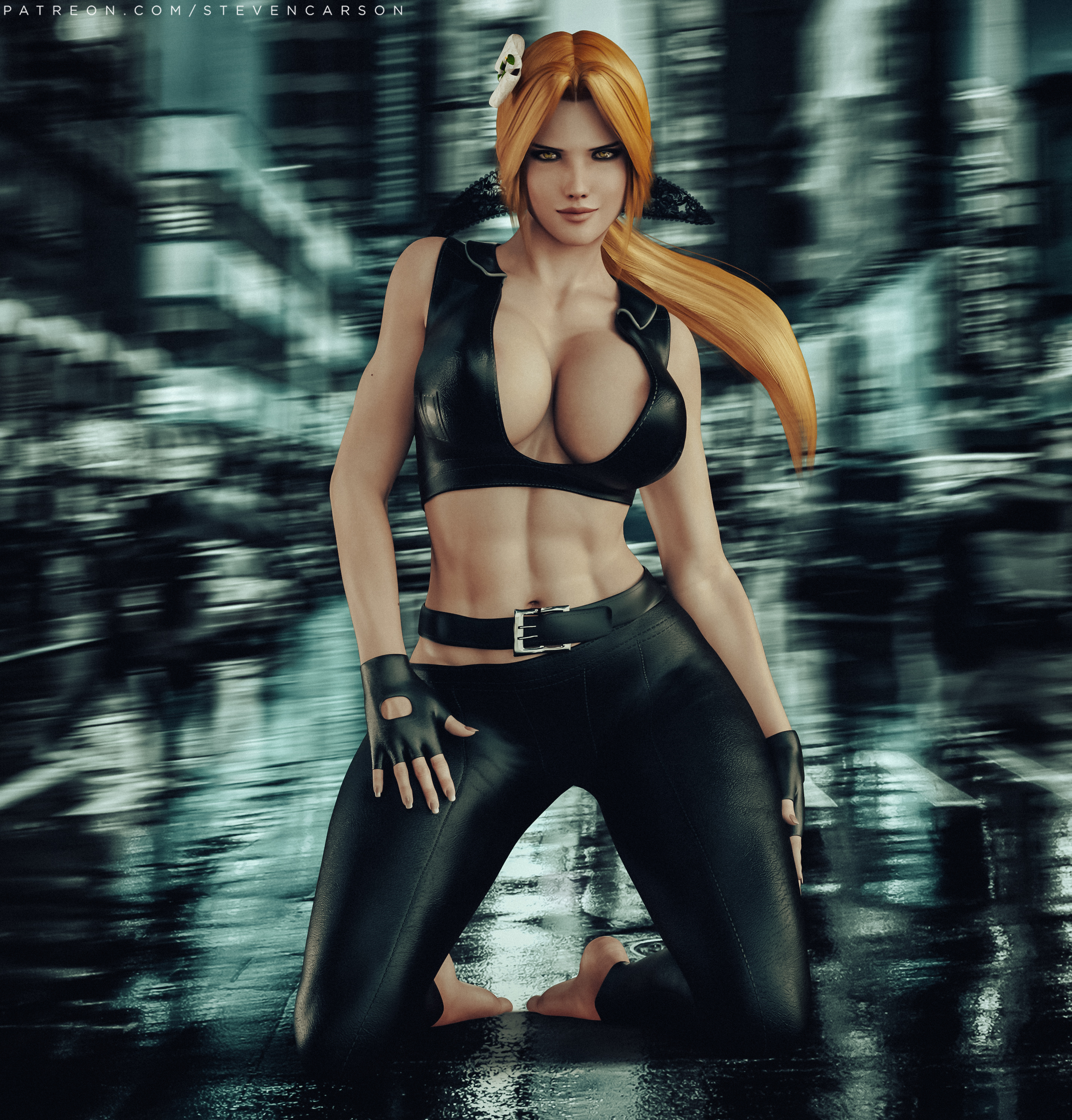 3d, abs, absurdres, big breasts, blonde hair, breasts, cleavage, dead or alive, female, female only, helena douglas, highres, large breasts, leather, looking at viewer, solo, stevencarson, tank top