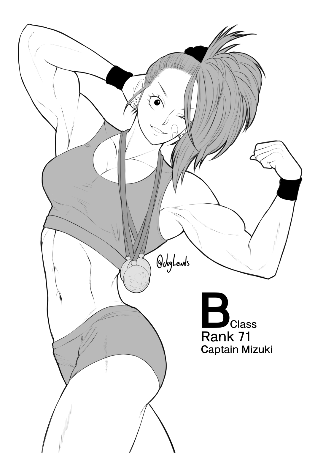 1girls, abs, armpits, artist name, ass, bandaid, bare shoulders, biceps, breasts, captain mizuki, cleavage, clothed, crop top, earrings, english text, female, female only, flexing, greyscale, joylewds, looking at viewer, medium breasts, midriff, monochrome, muscular, muscular arms, muscular female, muscular legs, navel, one-punch man, partially clothed, ponytail, pose, posing, shorts, smile, sports bra, sportswear, text, thick thighs, tight clothing, twitter username, wink, wrist cuffs