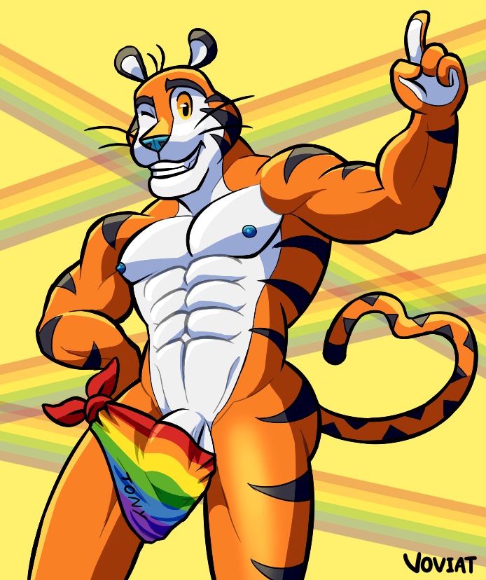 2018 4_fingers abs anthro bandana biceps biped black_body black_eyes black_stripes black_tail blue_nipples blue_nose countershade_face countershade_torso countershading feline flaccid frosted_flakes furry half-length_portrait hand_on_hip heart_tail humanoid_hands lgbt_pride_colors looking_at_viewer male male_only mammal mascot multicolored_body muscular muscular_male nipples one_eye_closed orange_body orange_tail pecs penis penis_base pointing portrait pride_colors rainbow rainbow_bandanna rainbow_symbol raised_eyebrow sharp_teeth simple_background smile snout solo standing stated_homosexuality striped_body striped_tail stripes super_gay teeth tiger tiger_stripes tony_the_tiger topless two_tone_tail voviat whiskers white_body white_countershading white_penis wink yellow_background yellow_sclera