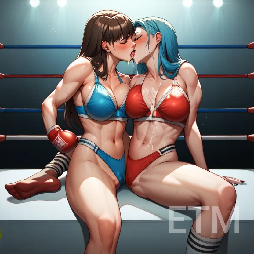 2girl ai ai_generated bikini blue boxing_gloves boxing_ring catfight cum fight fighting_ring kissing lgbt_pride love red scissoring sex tribadism yuri