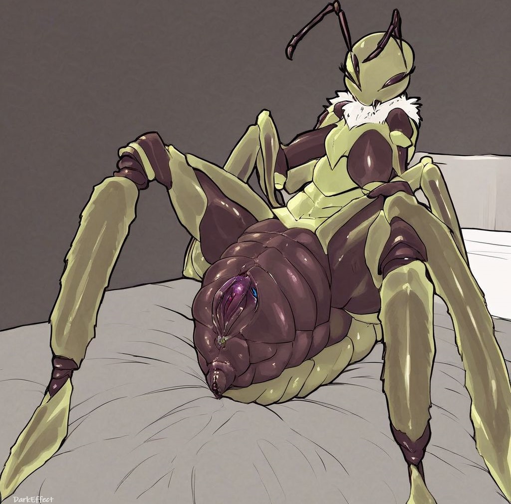 1girls ai_generated antennae antennae_(anatomy) arthropod arthropod_abdomen arthropod_abdomen_genitalia arthropod_abdomen_pussy bed bedroom bug bug_girl darkeffect female_only insects multi_leg multi_limb on_back original_character pussy simple_background solo solo_focus spread_legs