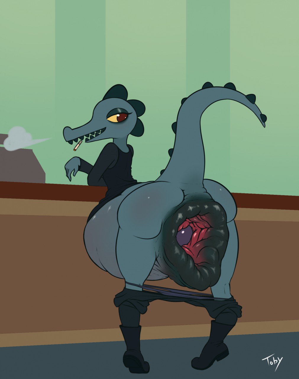 alligator anal anthro anus ass bea_(nitw) big_butt cigar crocodile crocodilian female from_behind gaping gaping_anus hyper hyper_anus hyper_buttplug hyper_gape night_in_the_woods plug presenting_hindquarters rear_view reptile scalie sex_toy smoke toby_art