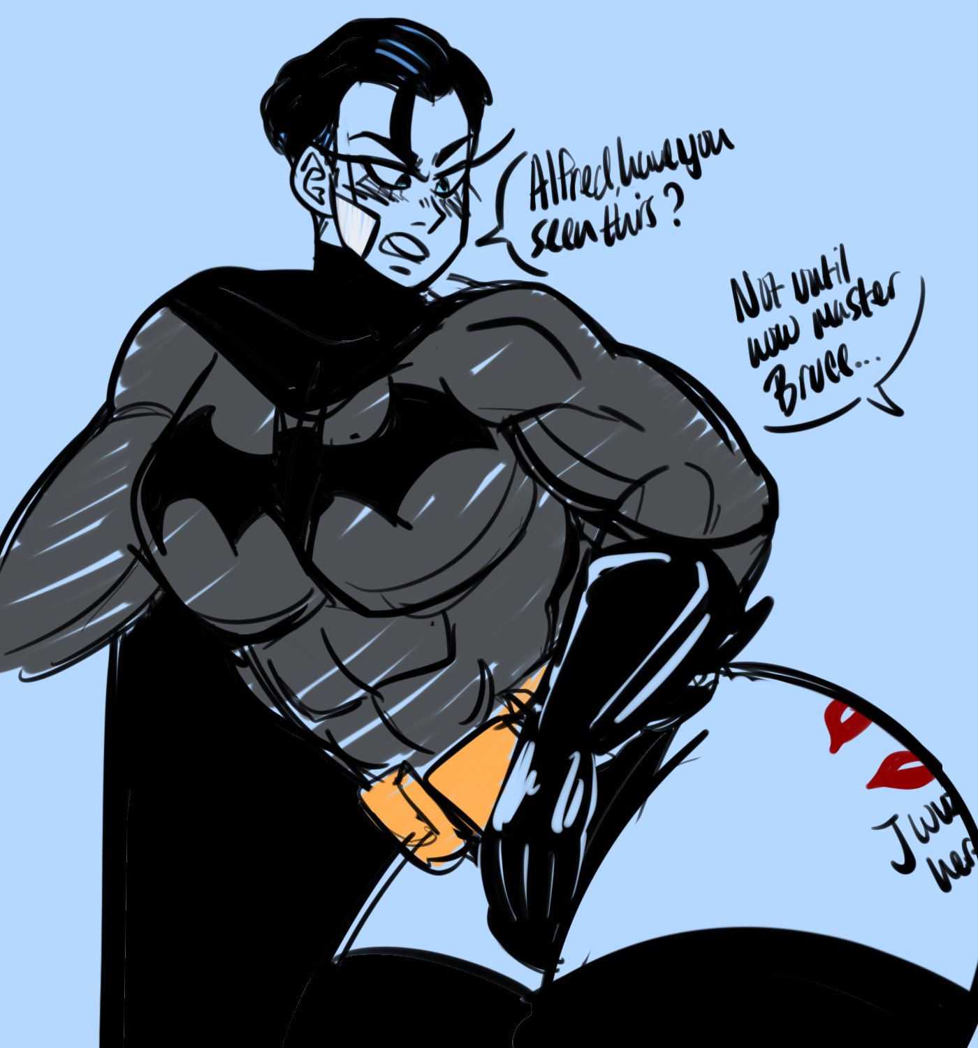 1boy alfred_pennyworth batman batman_(bruce_wayne) batman_(series) big_ass big_butt dc_comics dialogue femboy feminine_male jah_(artist) kiss_mark leotard lipstick_marks long_eyelashes male male_only speech_bubble unmasked wide_hips writing_on_ass