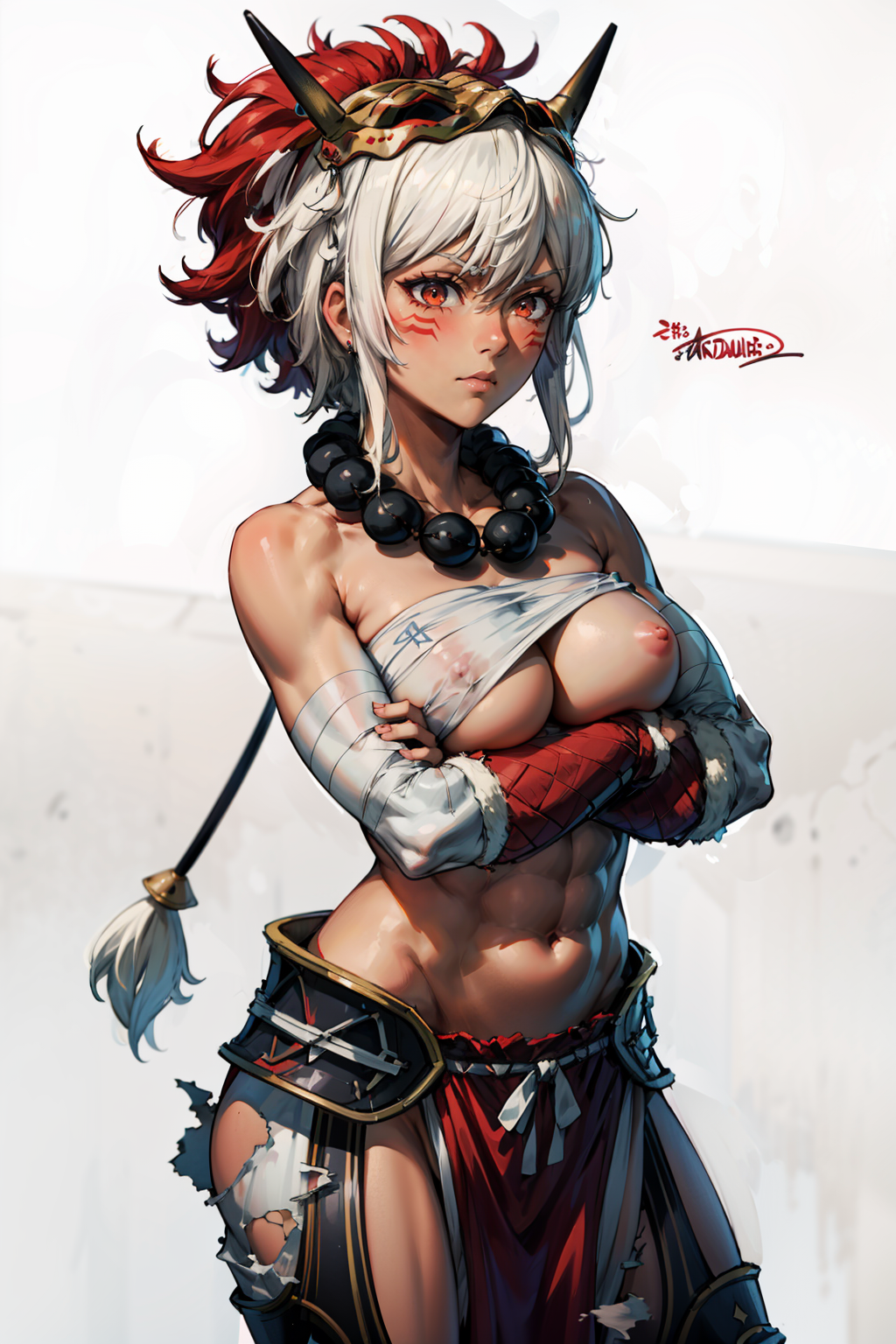 abs ai_generated big_breasts blush breasts breasts_out crossed_arms fire_emblem fire_emblem_fates fit_female girl muscle_girl nipples rinkah rinkah_(fire_emblem) rinkah_(flame)_(fire_emblem) top_lift torn_clothes white_background white_hair