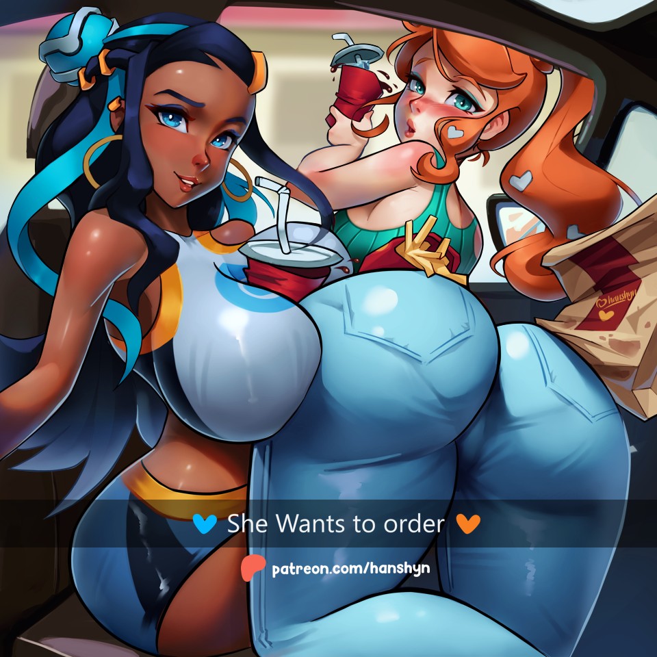 2girls aqua_eyes ass between_breasts black_hair blue_eyes blue_hair blush breasts car_interior clothed creatures_(company) dark_skin dark_skinned_female denim earrings english_text female female_only food game_freak gym_leader hanshyn he_wants_to_order heart huge_ass huge_breasts impossible_clothes jeans light-skinned_female light_skin long_hair looking_at_viewer looking_back meme multicolored_hair nessa_(pokemon) nintendo orange_hair pokemon pokemon_ss selfie skintight sonia_(pokemon) text url