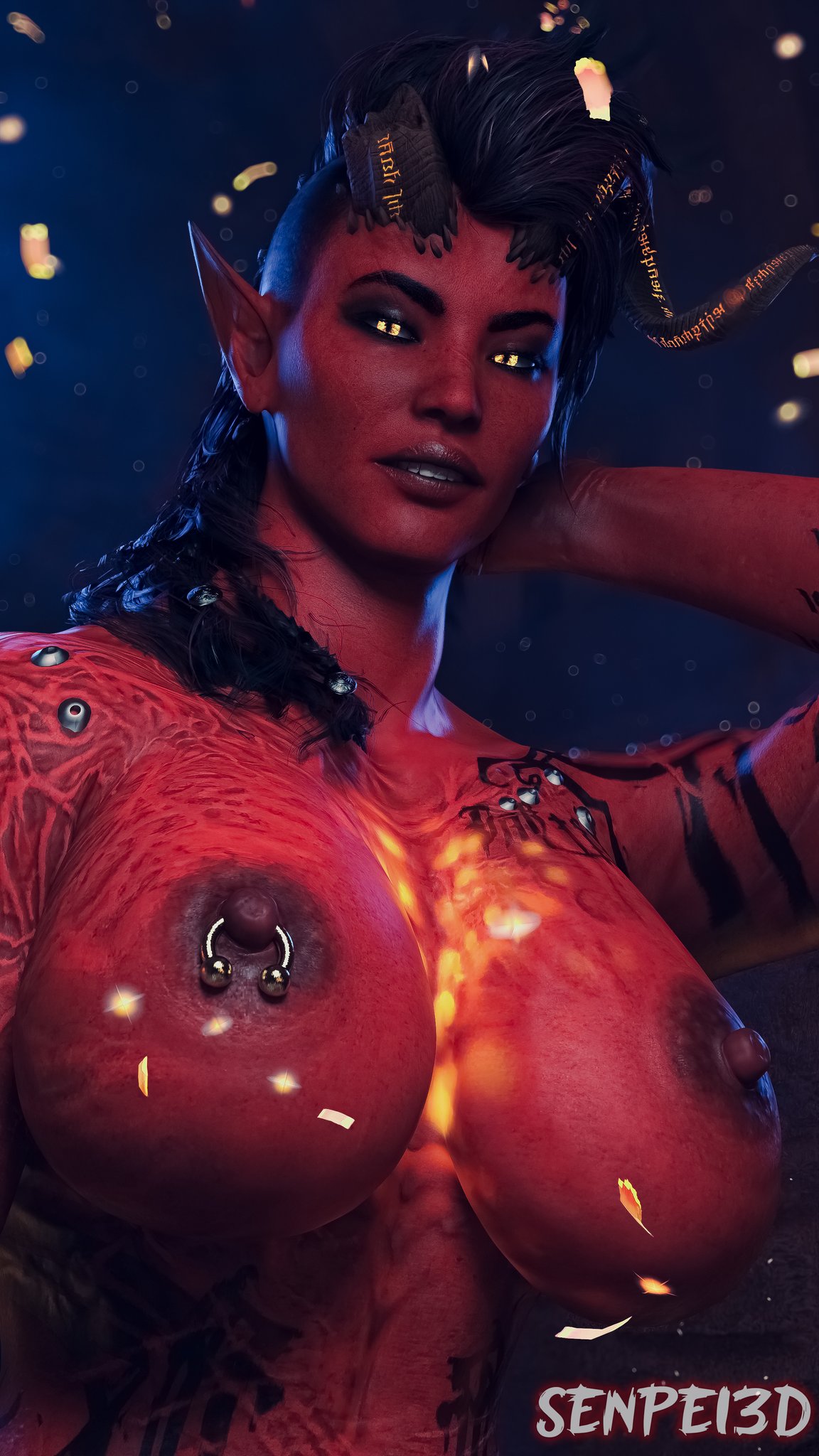 1girls 3d areolae arm_tattoo baldur's_gate baldur's_gate_3 big_breasts black_hair breasts female female_only horns karlach large_breasts looking_at_viewer nipple_piercing nipples nude nude_female piercing pointy_ears red_body red_skin senpei3d slit_pupils solo solo_female tattoo tattooed_arm tattoos yellow_eyes