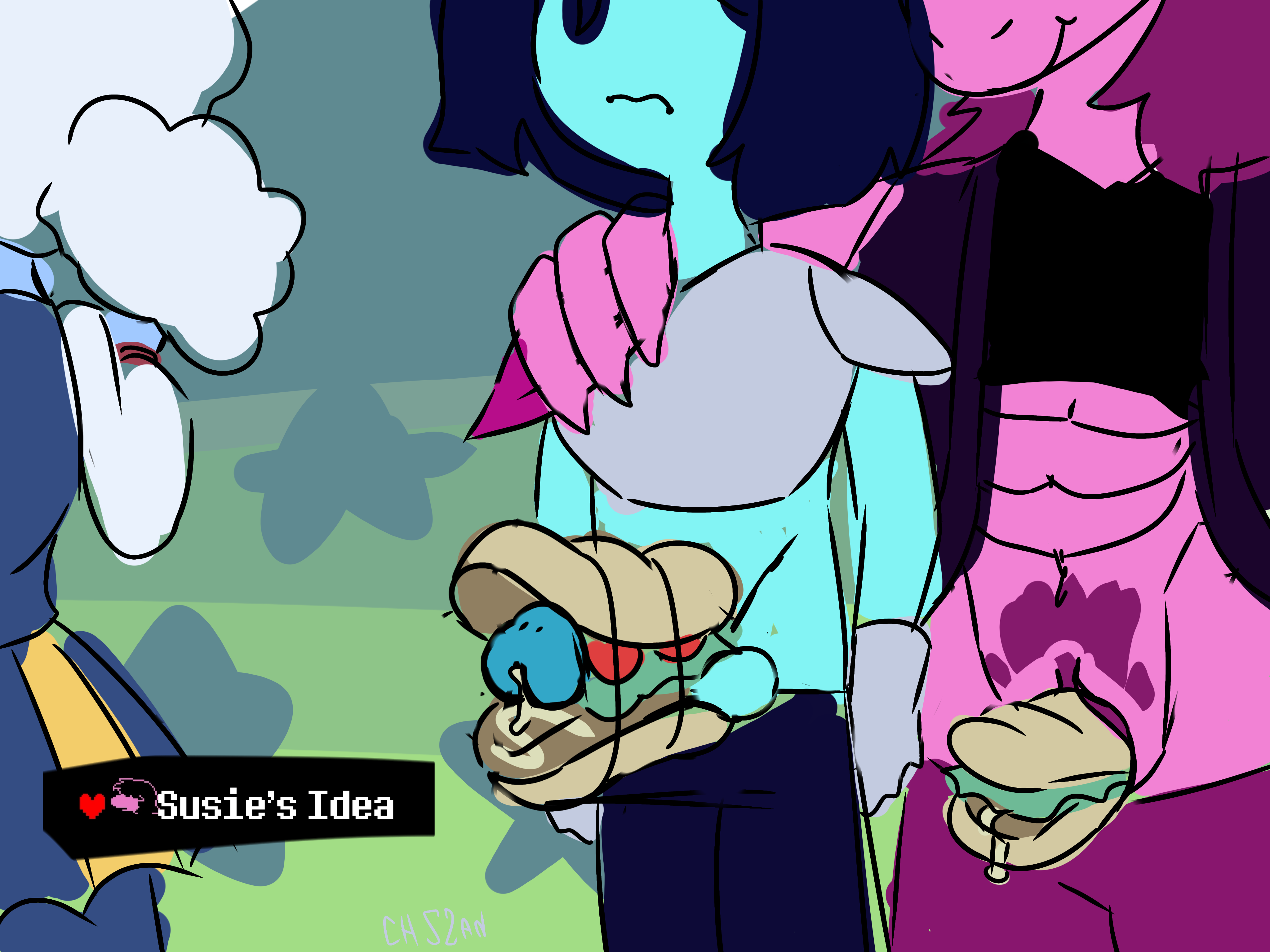 chszan chan, deltarune, deltarune chapter 3, elnina (deltarune), female, food, food play, gluttony, hungry, kris (deltarune), male, meme, object in pussy, penis, penis in food, pussy, susie (deltarune), susie's idea, tagme