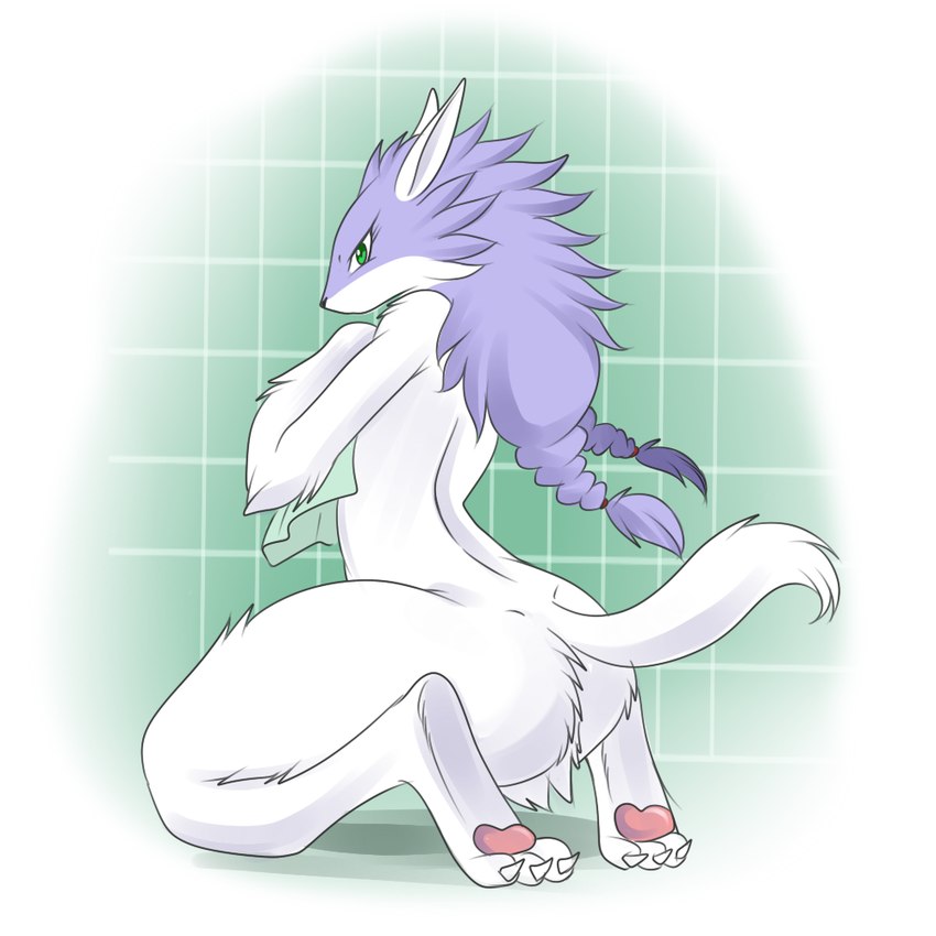 alternate_form anthro bathing beastform camelot claws from_behind golden_sun golden_sun_dark_dawn green_eyes kneeling lonbluewolf looking_at_viewer nintendo nude pawpads purple_fur purple_hair sveta sveta_(golden_sun) thick_thighs towel towel_over_breasts twin_braids two-tone_fur werewolf white_fur wolf wolf_ears wolf_girl wolf_tail