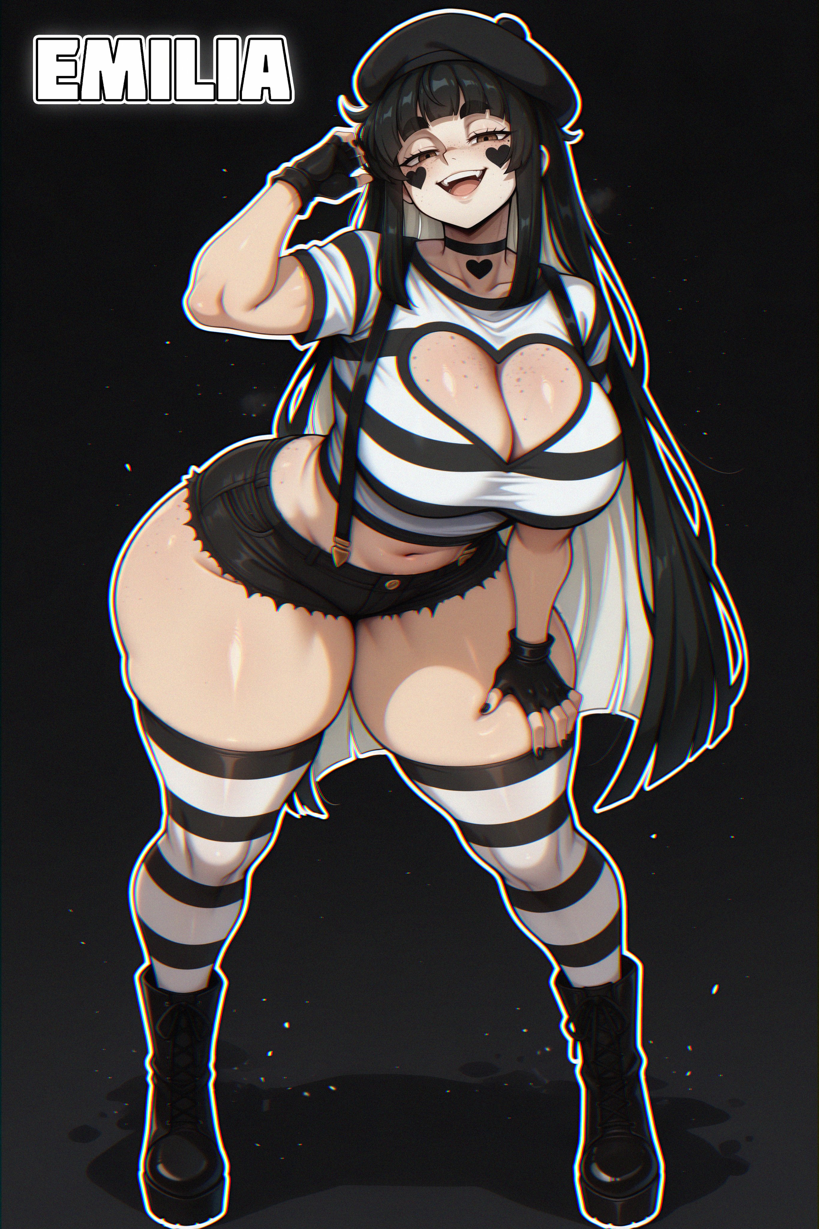 1girls, ai generated, bangs, belt, big breasts, black footwear, black gloves, black hair, boots, breasts, choker, cleavage, el memc, emilia (memch0), female, fingerless gloves, gloves, hat, long hair, looking at viewer, memch0, mime, mime girl, mole, mole on breast, navel, one eye closed, open mouth, original character, short shorts, shorts, smile, solo, striped, striped legwear, teeth, thighhighs, very long hair