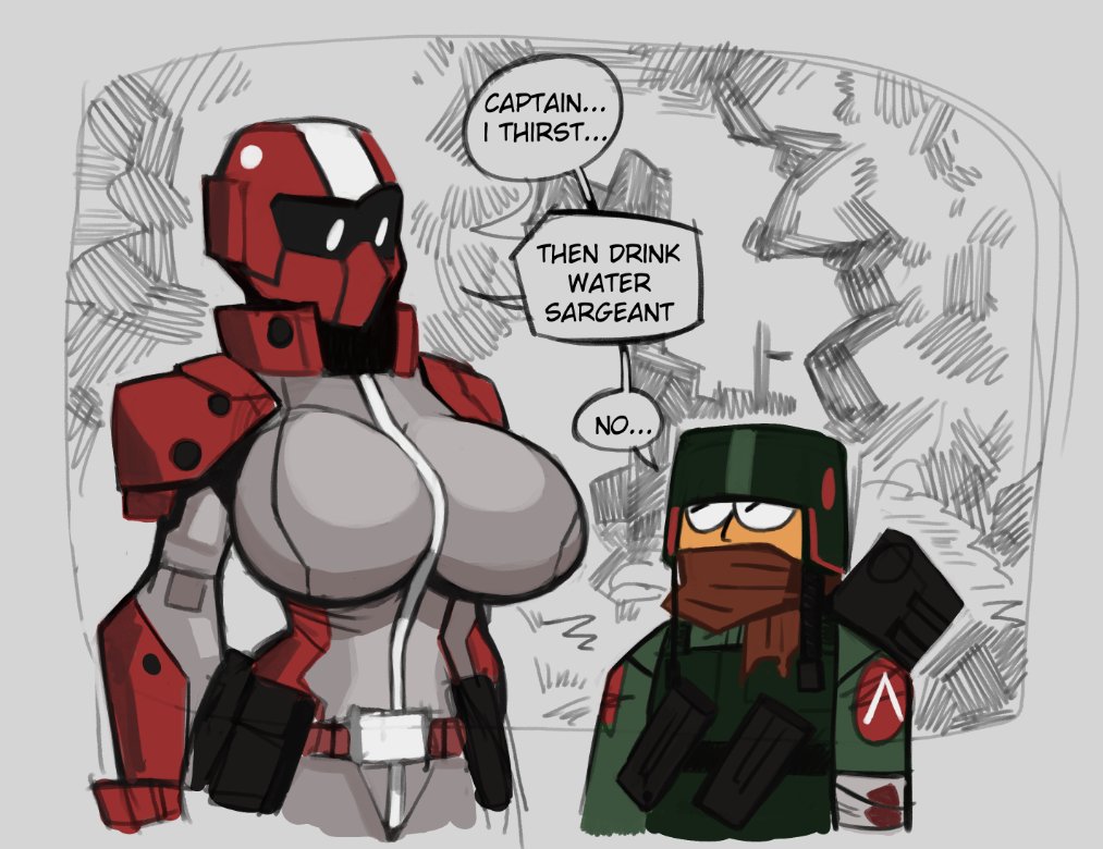 1boy 1girls 2024 big_breasts boxx_wrench captain_scarlet_(boxx_wrench) color colored dialogue digital_drawing_(artwork) english_text female helmet huge_breasts male original original_character sergeant_(boxx_wrench) sfw speech_bubble standing tall_female text