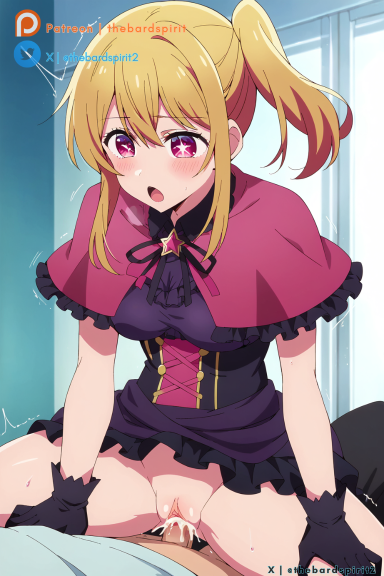 1boy 1girls ai_generated bangs blonde_hair blush bottomless breasts clothed_sex clothing cowgirl_position curvaceous curvaceous_female curvaceous_figure curvy curvy_figure cute cute_face dick dress erection eye_contact eyebrows_visible_through_hair female female_focus highres hoshino_ruby idol idol_clothes indoors light-skinned_female light_skin looking_at_viewer male medium_breasts oshi_no_ko penis pink_eyes pov pussy seductive seductive_look sex short_hair simple_background sitting star-shaped_pupils star_(symbol) straight tagme thebardspirit thick_thighs thighs vagina vaginal_penetration voluptuous voluptuous_female wet young young_female