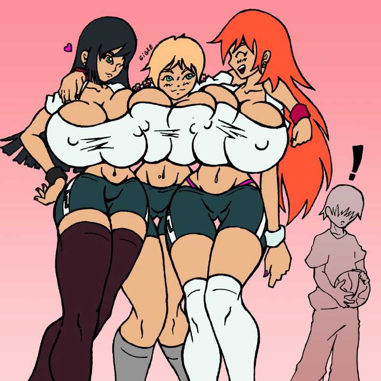 1boy 3girls amazon basketball black_hair black_legwear huge_breasts kneehighs n647 nipple_bulge red_hair short_shorts thighhighs white_legwear