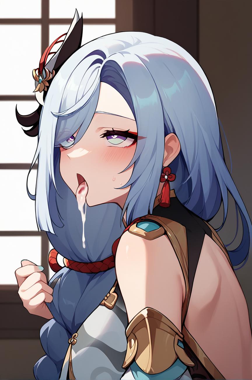 1girls ai_generated blush cum cum_in_mouth cum_inside genshin_impact grey_hair indoors light-skinned_female light_skin pleasure_face purple_eyes shenhe_(genshin_impact) sweat sweatdrop sweating sweaty tasting_cum