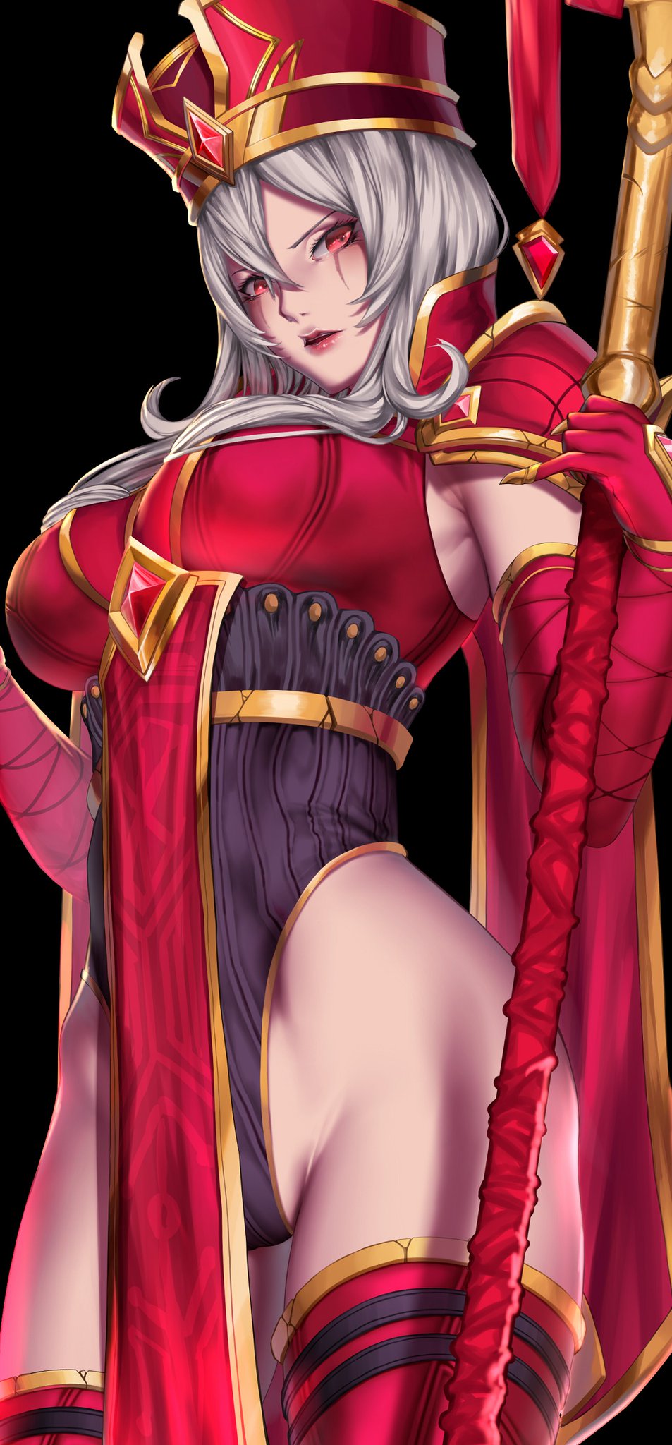 breasts, female, female only, heroes of the storm, highleg, highleg leotard, human, kumiko (aleron), large breasts, leotard, no pants, pelvic curtain, red clothing, red eyes, sally whitemane, scarlet monastery, staff, white hair, world of warcraft