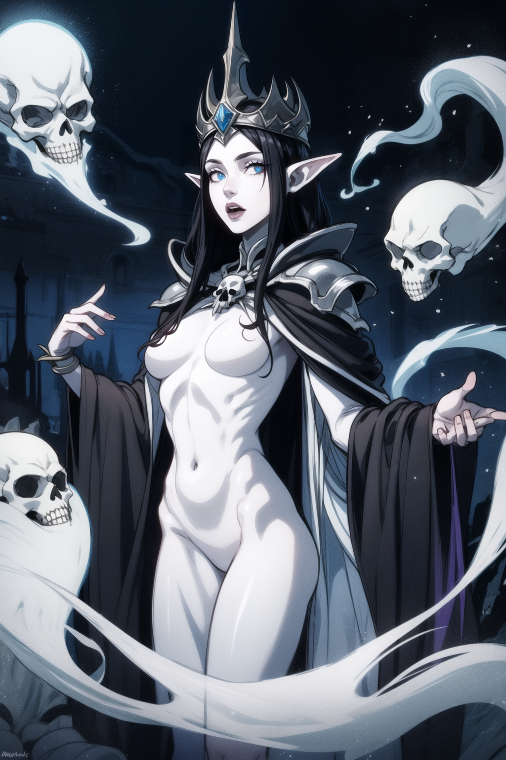 ai_generated black_hair blue_eyes cape crown dark_elf dark_magic elf evil fantasy gothic hair_covering_breasts magic naked navel necromancer pale_skin pauldrons skinny skull undead villain