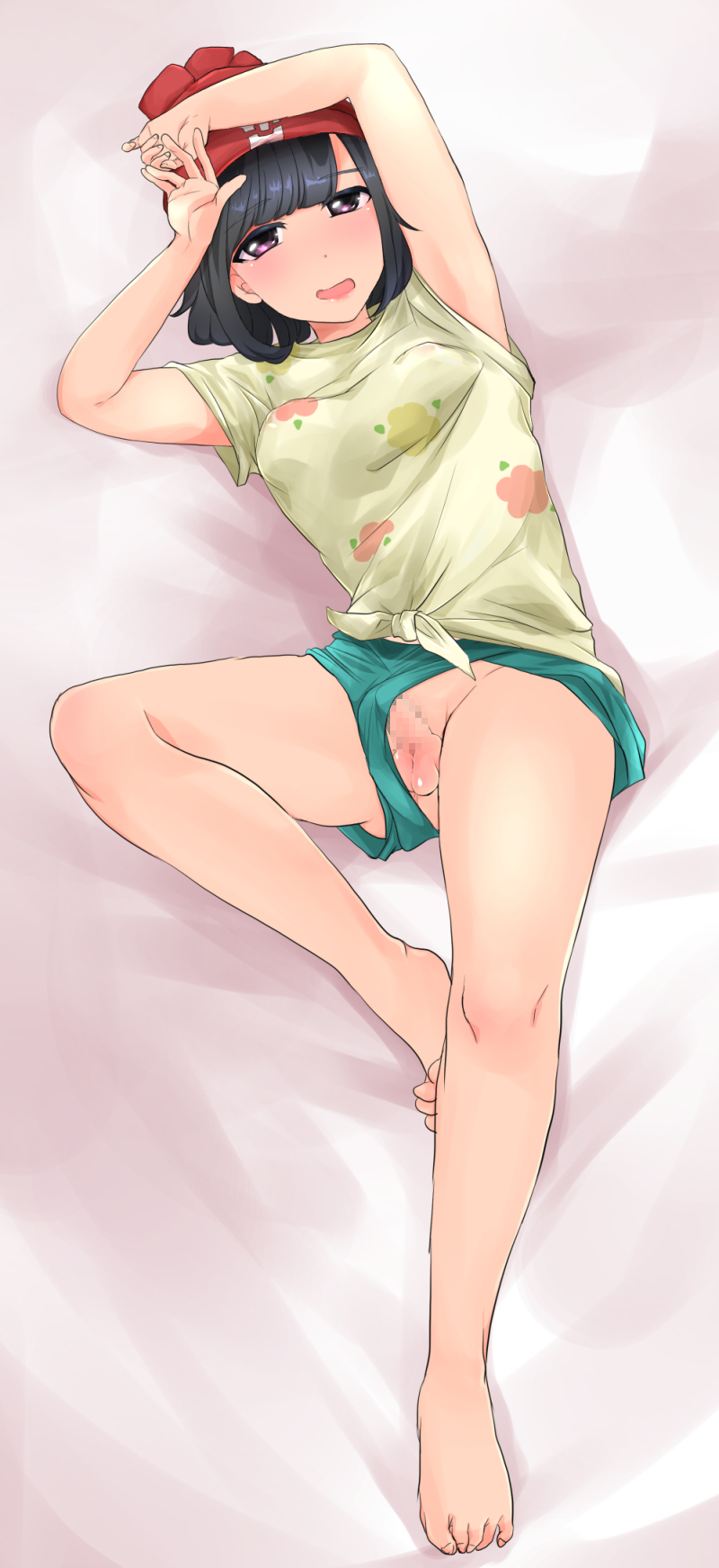 1futa, armpits, arms up, artist request, ass, balls, balls under clothes, black hair, blush, bulge, censored, erection, erection under clothes, eyelashes, feet, flat chest, futa only, futanari, half-closed eyes, hat, human, human only, intersex, mosaic censoring, nintendo, no panties, open mouth, penis, penis bulge, penis under clothes, pink background, pokemon, pokemon sm, purple eyes, red hat, selene (pokemon), shirt, short hair, shorts, shorts aside, small balls, small penis, smile, solo, source request, spread legs, tenting, testicles, toes, tongue