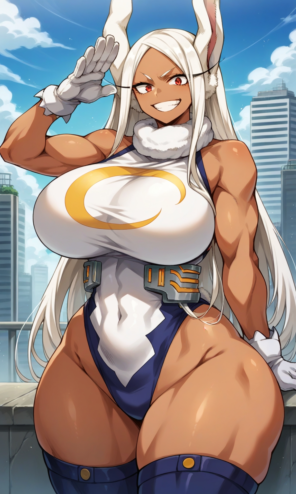 1girls, ai generated, big breasts, big thighs, breasts, dark skin, dark-skinned female, female, female only, gigantic thighs, huge breasts, huge thighs, large breasts, large thighs, long hair, massive thighs, milkersenjoyer, miruko, muscular, muscular arms, muscular female, muscular thighs, my hero academia, rumi usagiyama, thick thighs, thighs, very long hair, white hair