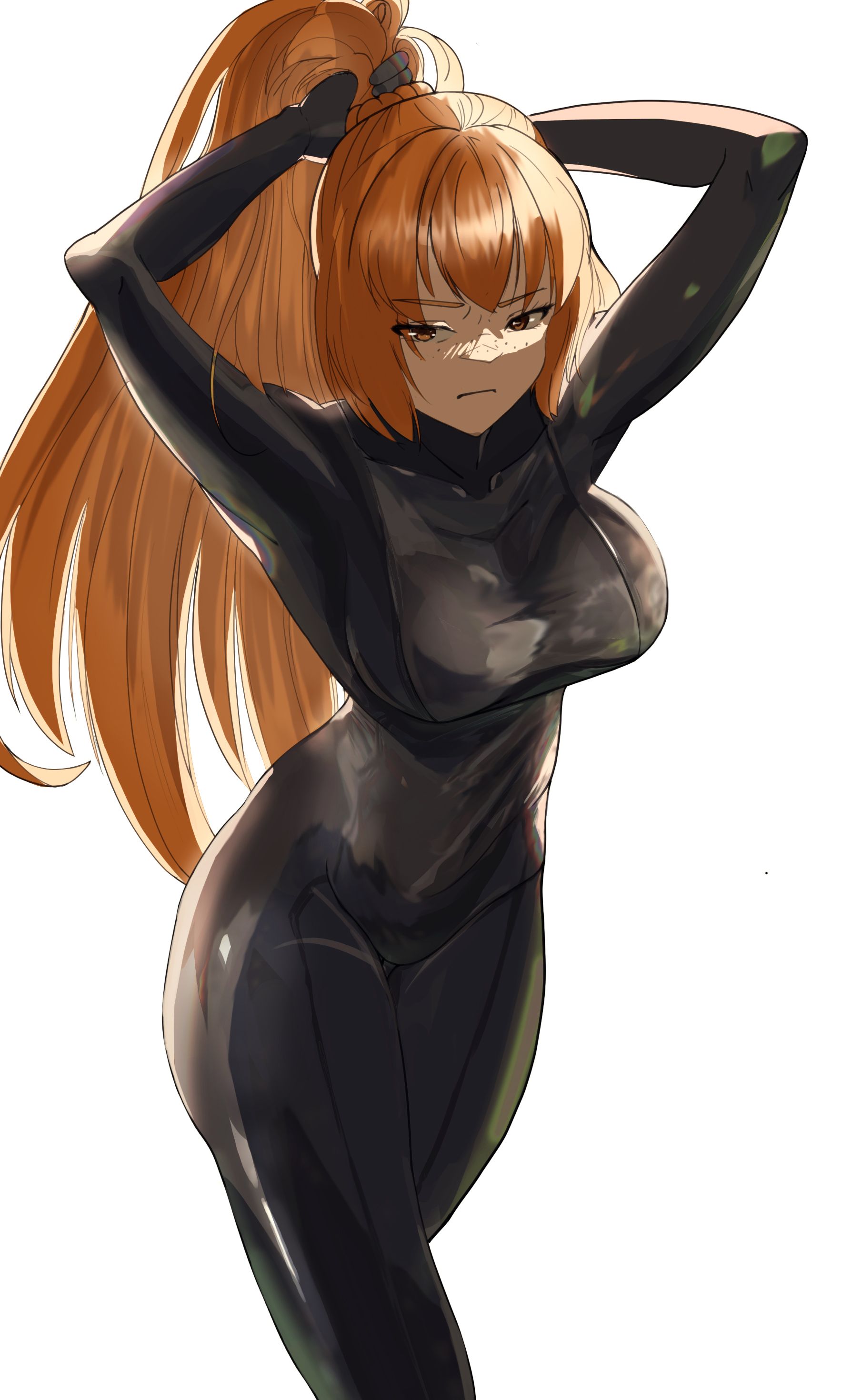 1girls, big breasts, bodysuit, breasts, diving suit, female, freckles, ginger, ishmael (limbus company), jpeg, latex, limbus company, long hair, molar boatworks fixer ishmael (limbus company), orange hair, ponytail, project moon, redhead, rubber, skimpy, thick thighs, tight clothing, very long hair, wetsuit