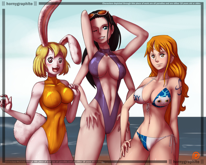 3girls akuma_no_mi armpits bikini black_hair blonde_hair breasts carrot_(one_piece) center_opening cleavage curvy female female_only hana_hana_no_mi highleg highres horny_graphite hornygraphite large_breasts long_hair multi_arm multi_limb multiple_girls nami nami_(one_piece) narrow_waist nico_robin one-piece_swimsuit one_piece orange_hair orange_one-piece_swimsuit post-timeskip shiny_skin smile swimsuit