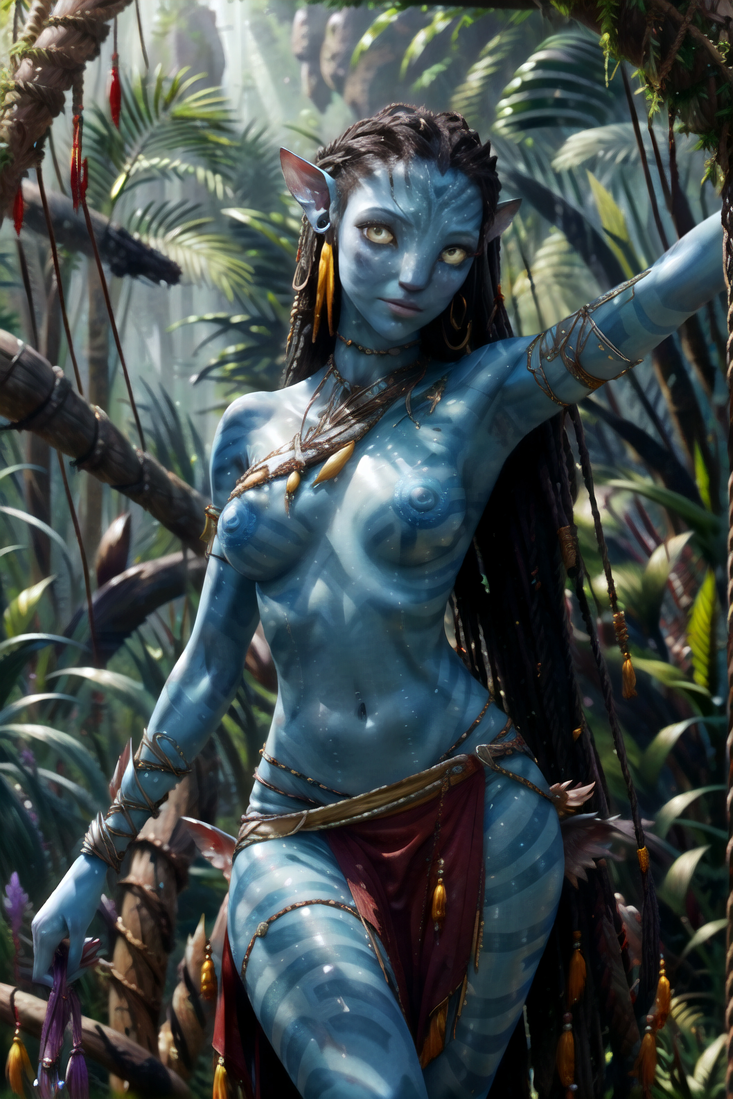 1girls, 3d, ai generated, alien, alien girl, alien only, avatar, black hair, blue skin, breasts, female, jewelry, jungle, loincloth, long hair, looking at viewer, mad-tv, na'vi, neytiri, nipples, nude, realistic, solo, stable diffusion, yellow eyes