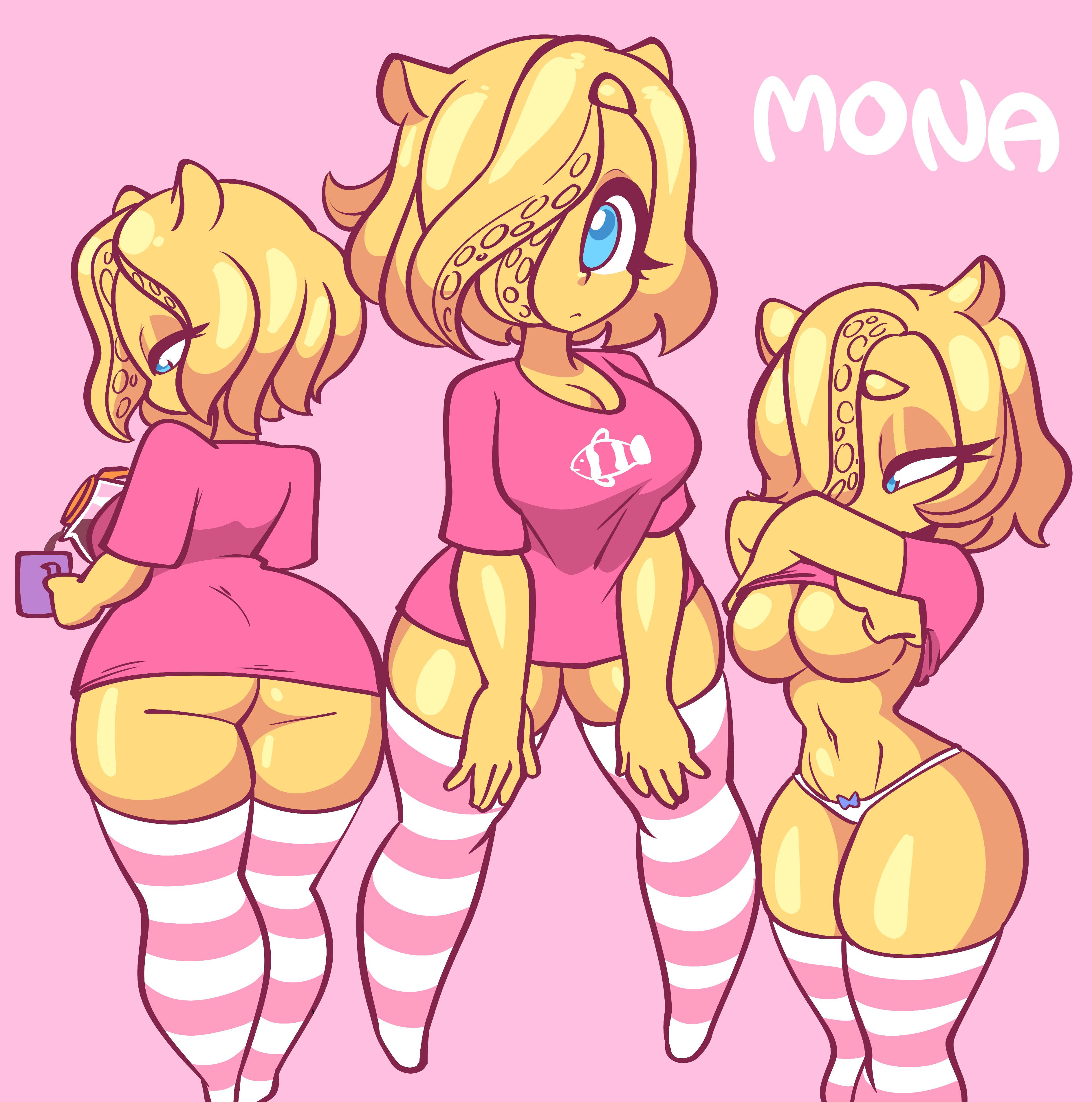 ass, blue eyes, breasts, female, jek korpen, oc, revealing outfit, shirt lift, tagme (character), tentacle, thighhighs, thighs, yellow hair, yellow skin