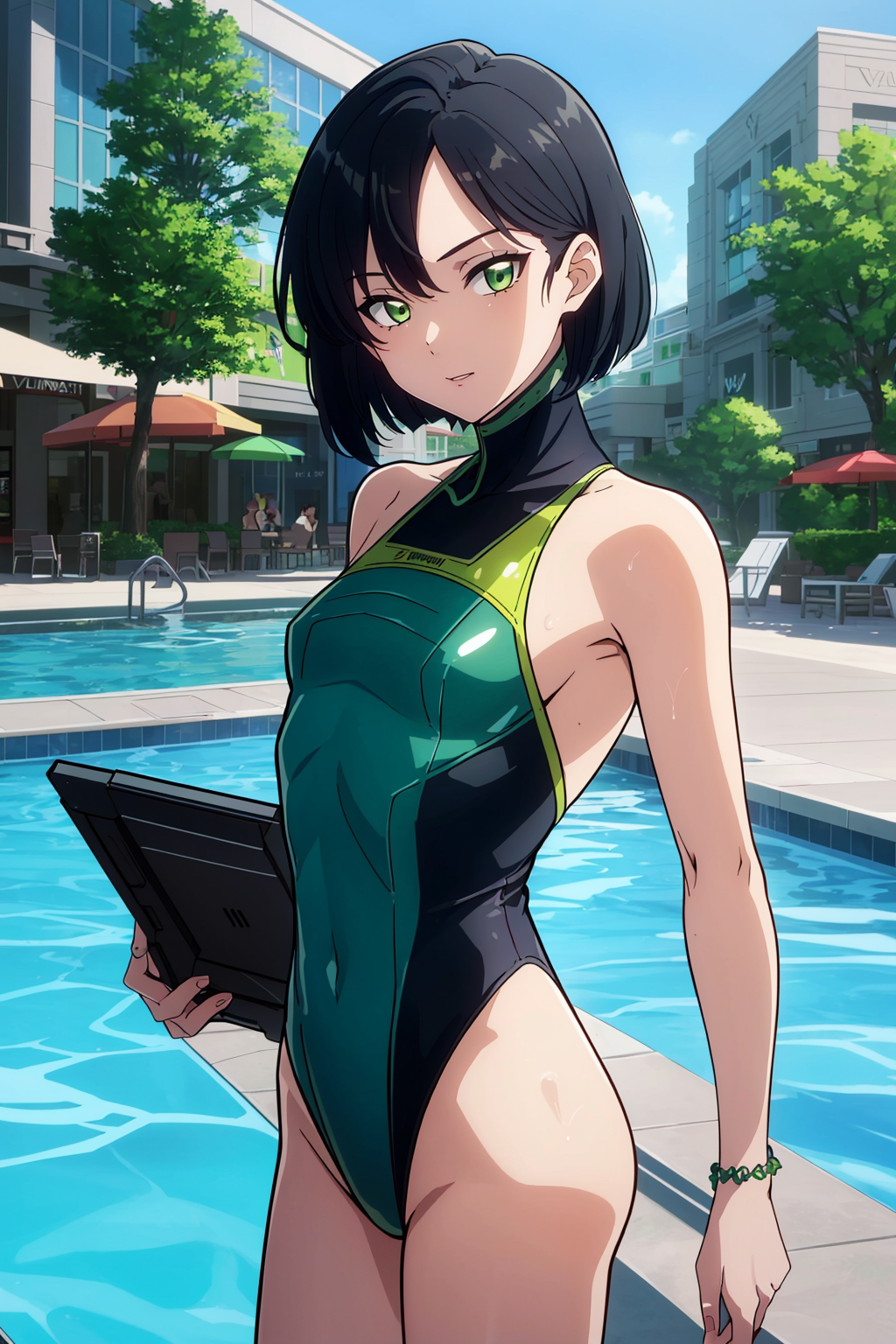 2024 ai_generated bare_shoulders black_hair breasts covered_navel day female green_eyes high_resolution highleg highres looking_at_viewer one-piece_swimsuit outdoors phalzu pool poolside self_upload short_hair small_breasts solo_focus swimsuit tree umbrella valorant viper_(valorant) water