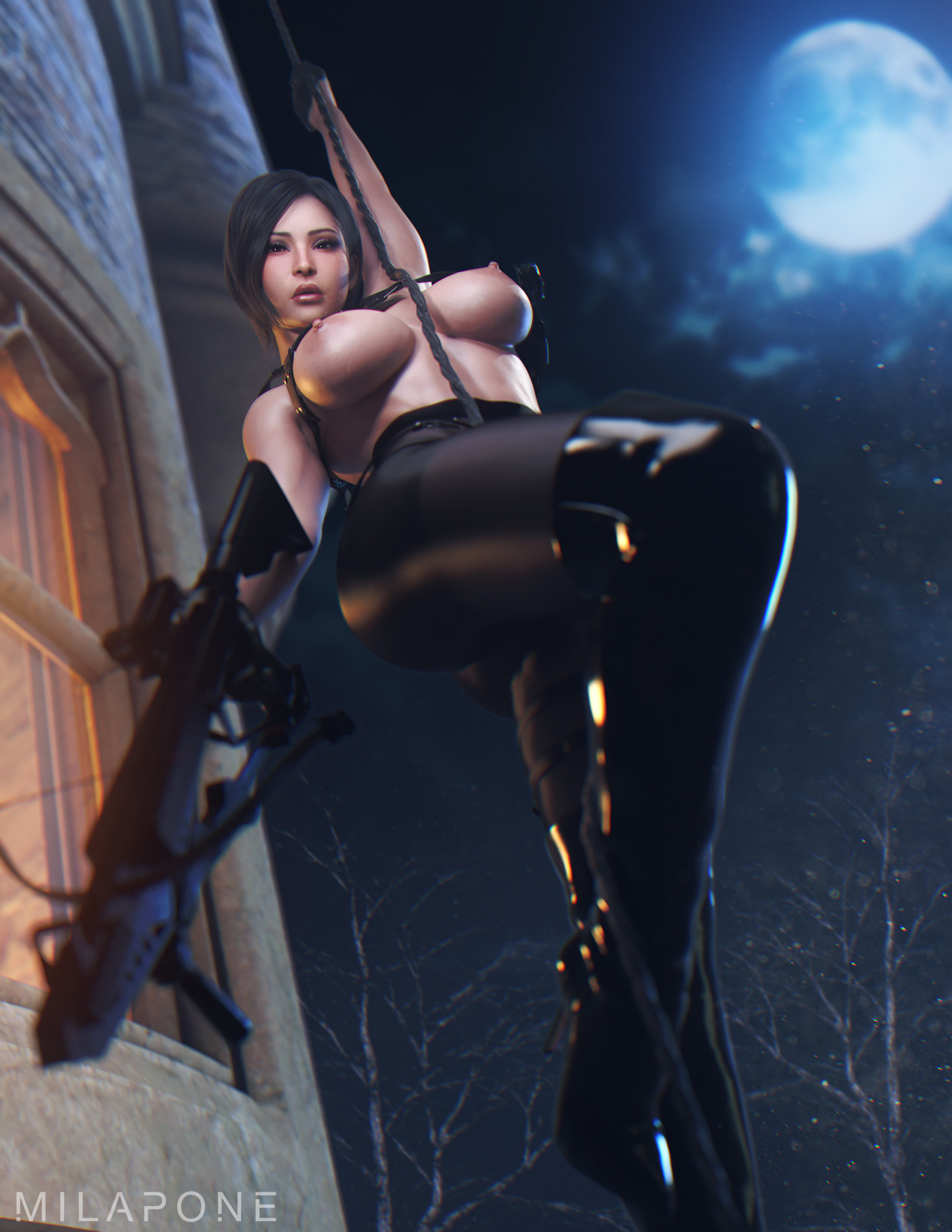 1girls, 3d, ada wong, areolae, asian, asian female, black hair, bottomwear, breasts, capcom, erect nipples, female, female only, footwear, gun, high heels, legwear, looking at viewer, low-angle view, makeup, milapone, night, nipples, outdoors, outside, resident evil, resident evil 4, resident evil 4 remake, rope, solo, solo female, thighhigh boots, topless, weapon