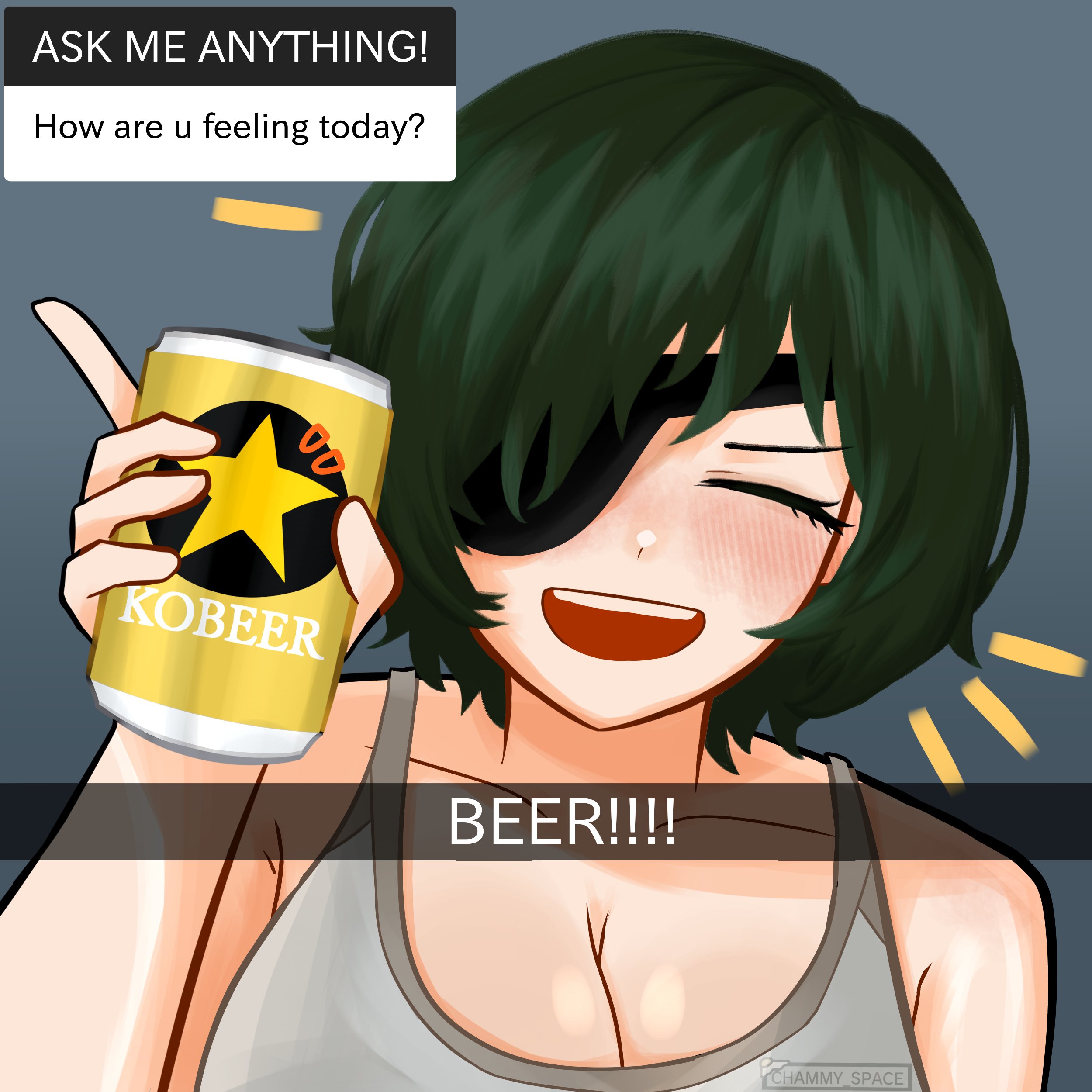 beer, big breasts, breasts, chainsaw man, chammy, cleavage, closed eyes, female, female only, himeno (chainsaw man), holding can, mappa, smile, wholesome