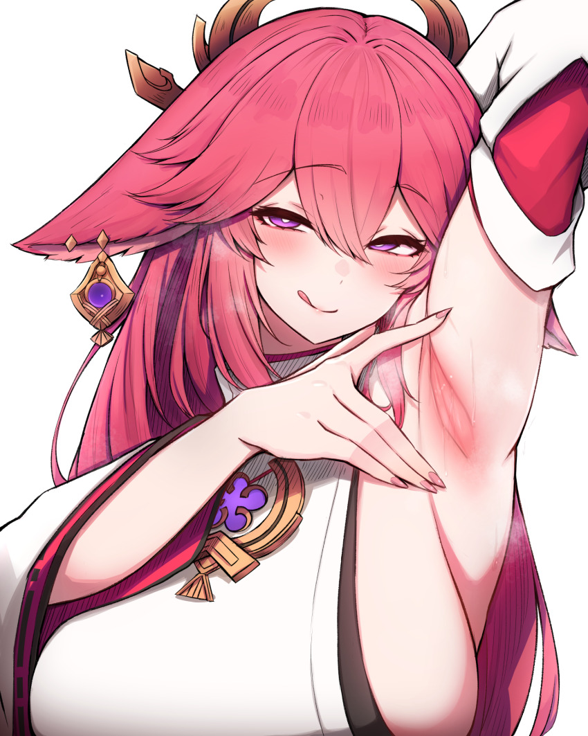 :q animal_ears arm_behind_head armpit_focus armpits big_breasts blush breasts breath detached_sleeves earrings female floppy_ears fox_ears genshin_impact hair_between_eyes hair_ornament highres jewelry large_breasts long_hair looking_at_viewer nail_polish naughty_face pink_hair pink_nails purple_eyes raised_eyebrows rikuguma shirt sideboob sleeveless sleeveless_shirt sleeveless_turtleneck smell solo solo_female spread_armpit steaming_body sweat tongue tongue_out turtleneck upper_body very_long_hair white_background white_shirt wide_sleeves yae_miko