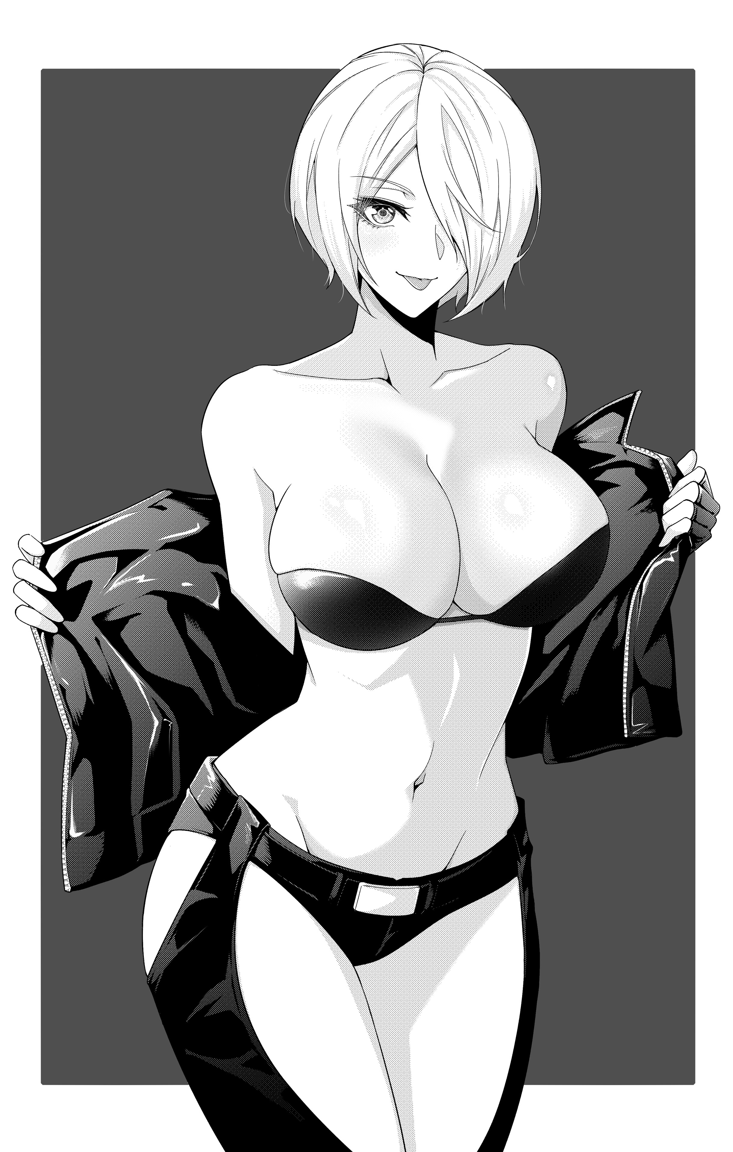 :p, 1girls, angel (kof), big breasts, bra, breasts, busty, cleavage, curvy, female, hair over one eye, half-closed eyes, highres, jacket, king of fighters, large breasts, legs, looking at viewer, monochrome, naughty face, navel, open clothes, open jacket, presenting, seductive gaze, seductive smile, sensual, short hair, smile, snk, solo, strapless, strapless bra, thighs, toned, tongue, tongue out, underwear, white hair