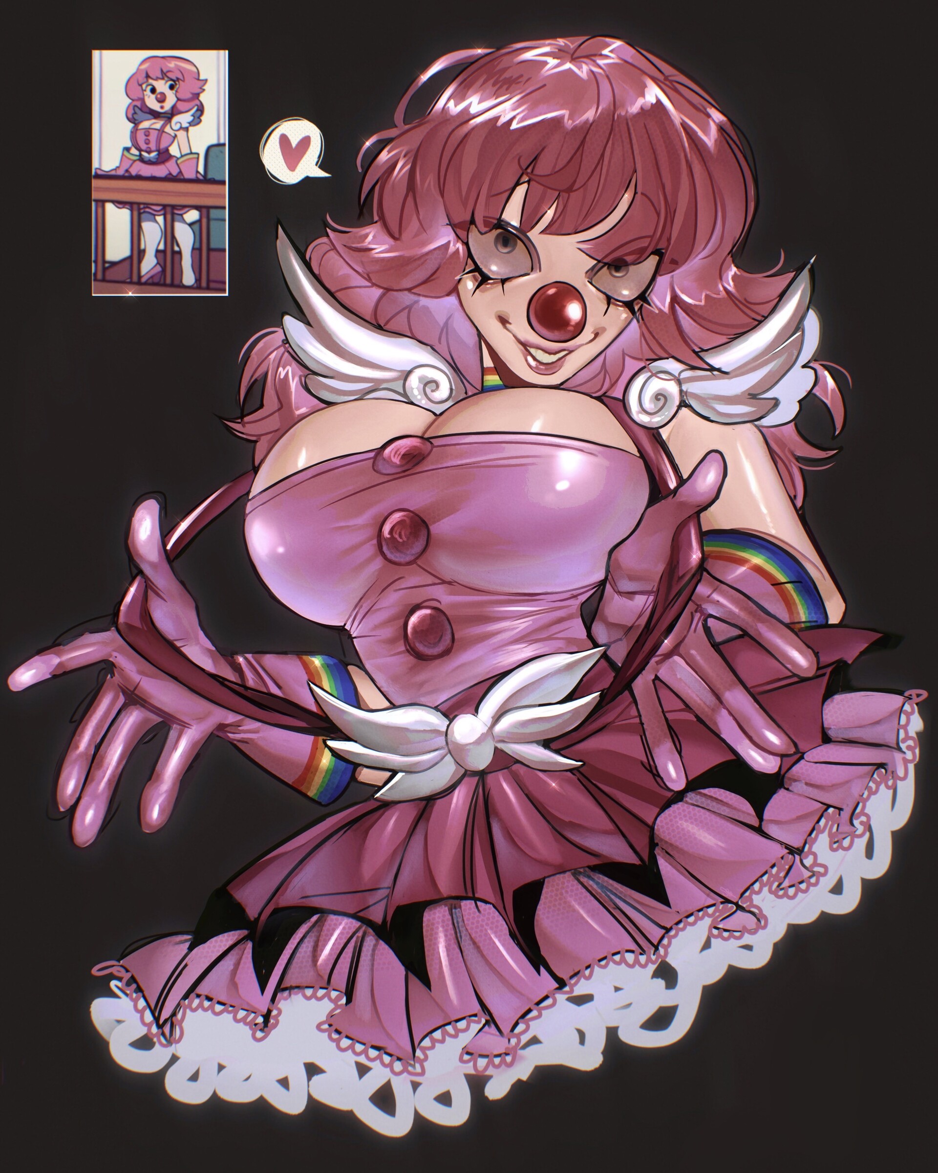 1girls, bangs, bare shoulders, breasts, buttons, choker, cleavage, clothed, clothing, clown, clown girl, clown nose, dress, eyelashes, female, female only, geiru toneido, gloves, grin, gyakuten saiban, head tilt, heart, large breasts, lips, long hair, looking at viewer, makeup, pink clothing, pink dress, pink gloves, pink hair, sarahpdraws, seductive look, seductive smile, shoulder pads, simple background, smile, smug, smug grin, solo, spoken heart, suspenders, teeth, tight clothing, wings
