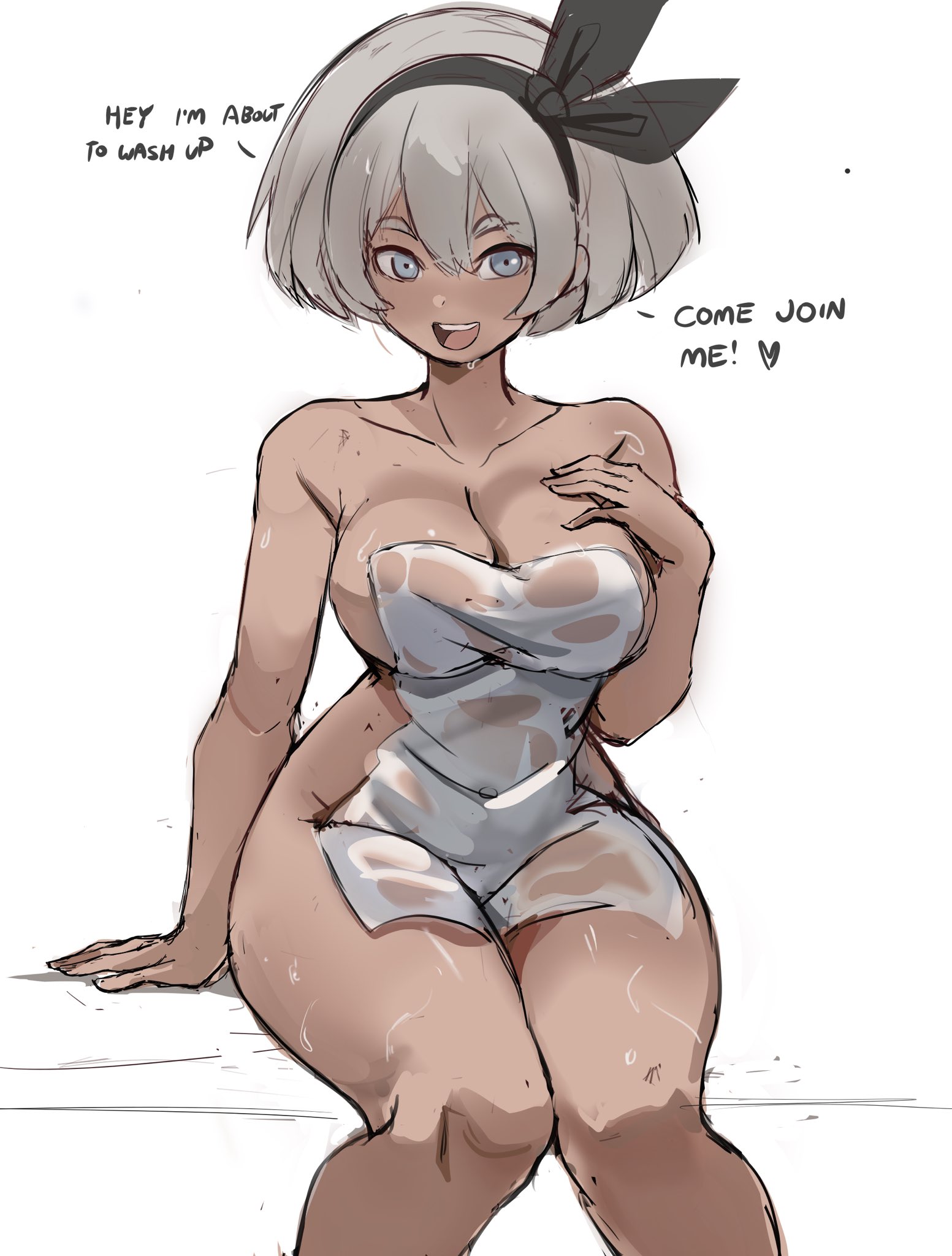 1girls, 2d, bea (pokemon), breasts, brown skin, brown-skinned female, child bearing hips, dark skin, dark-skinned female, female, grey hair, grey-skinned female, hi res, human, large breasts, naughty face, nintendo, pokemon, pokemon ss, rakeemspoon, short hair, solo, towel, towel only, voluptuous, voluptuous female