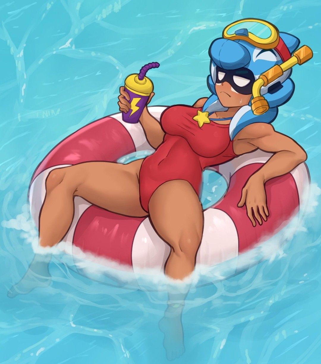 beafandraw brawl_stars breasts drink floatie headgear holding_object necklace nita_(brawl_stars) relaxing sea spread_legs swimming_goggles swimsuit tagme thick_thighs whale_watch_nita_(brawl_stars) white_eyes wide_hips