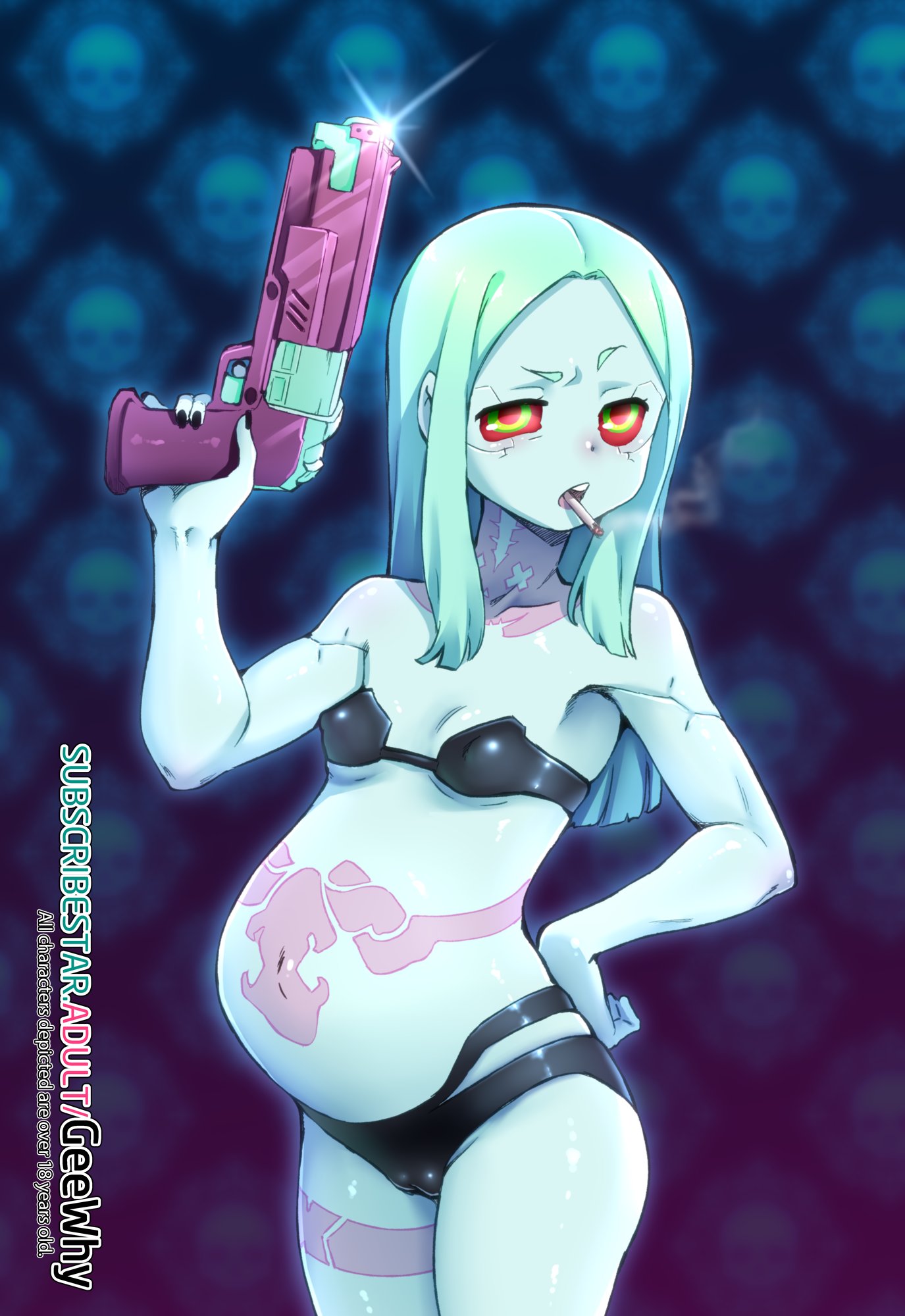 1girls bra clothing cyberpunk:_edgerunners cyberpunk_2077 female firearm geewhy ghettoyouth green_eyes gun hair_down handgun holding_gun holding_weapon human long_hair nipples_visible_through_bra pale_skin panties pregnant pussy_visible_through_panties ready_to_pop rebecca_(edgerunners) red_sclera skimpy_underwear smoking solo tagme teal_hair weapon