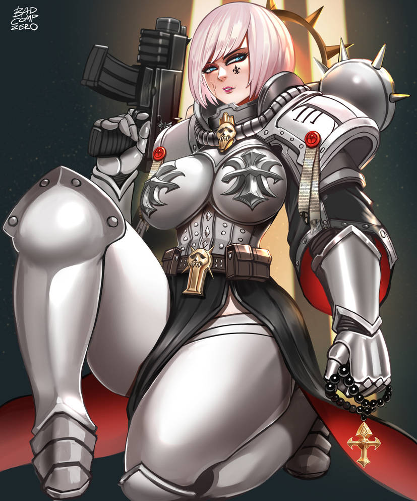 1girls adepta_sororitas armor badcompzero black_clothing blue_eyes bob_cut bolt_gun bolter breasts bubble_butt corset female female_only gun imperium_of_man power_armor purity_seal red_clothing red_trim scar scar_on_face short_hair sister_of_battle solo solo_female tattoo tattoo_on_face thick_thighs tight_clothing warhammer_(franchise) warhammer_40k weapon white_armor white_clothing white_hair wide_hips