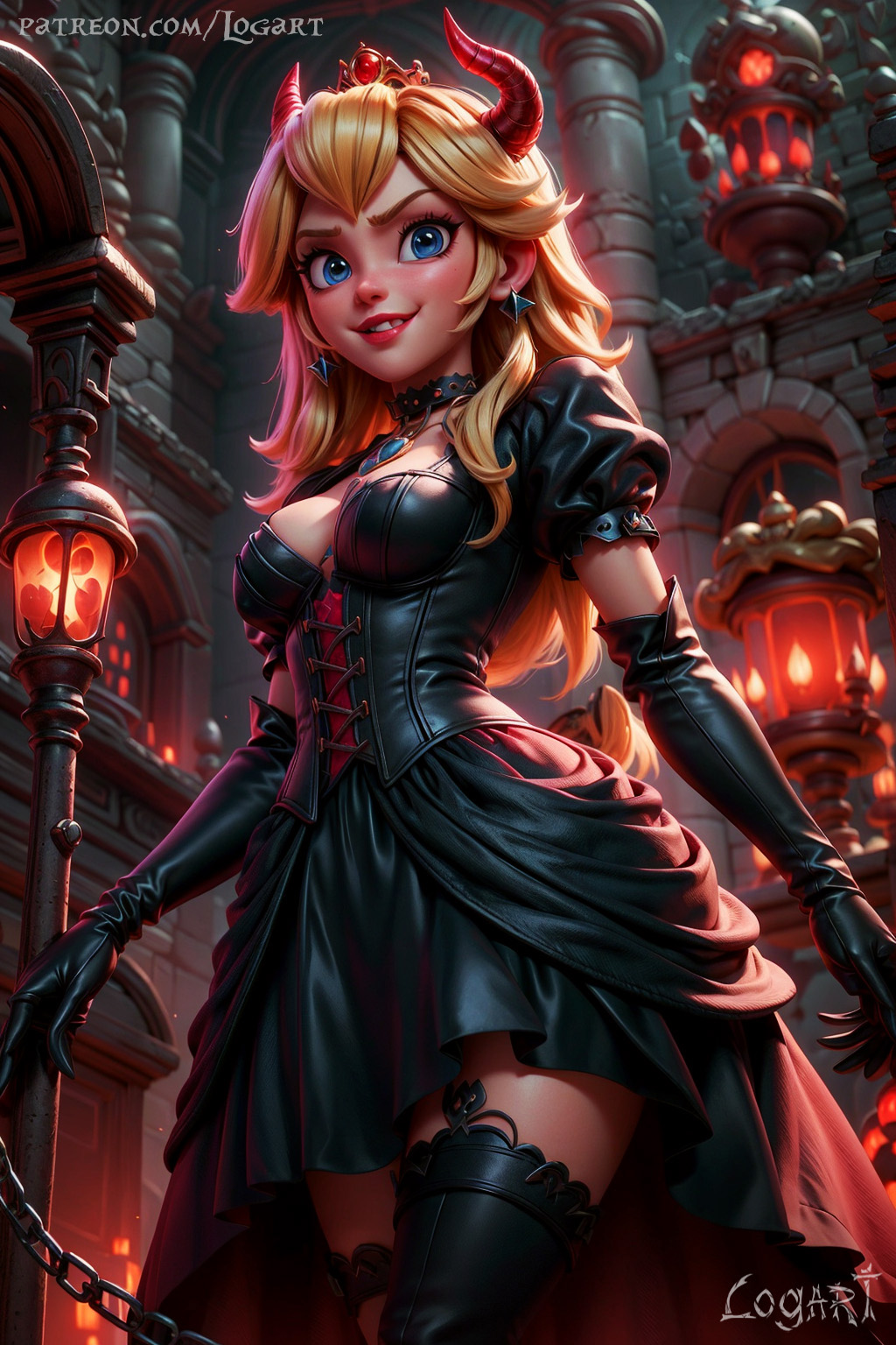 1girls ai_generated big_breasts blonde_hair blue_eyes boots breasts cartoony cleavage clothing corrupted corruption demon demon_girl demonic detailed dominant_female dominatrix evil_smile female female_only hell high_heels high_quality horns hourglass_figure latex leak leaked logart long_hair looking_at_viewer mario_(series) nintendo princess_peach sadistic_girl seductive sensitive smile smiling solo stable_diffusion standing tiara