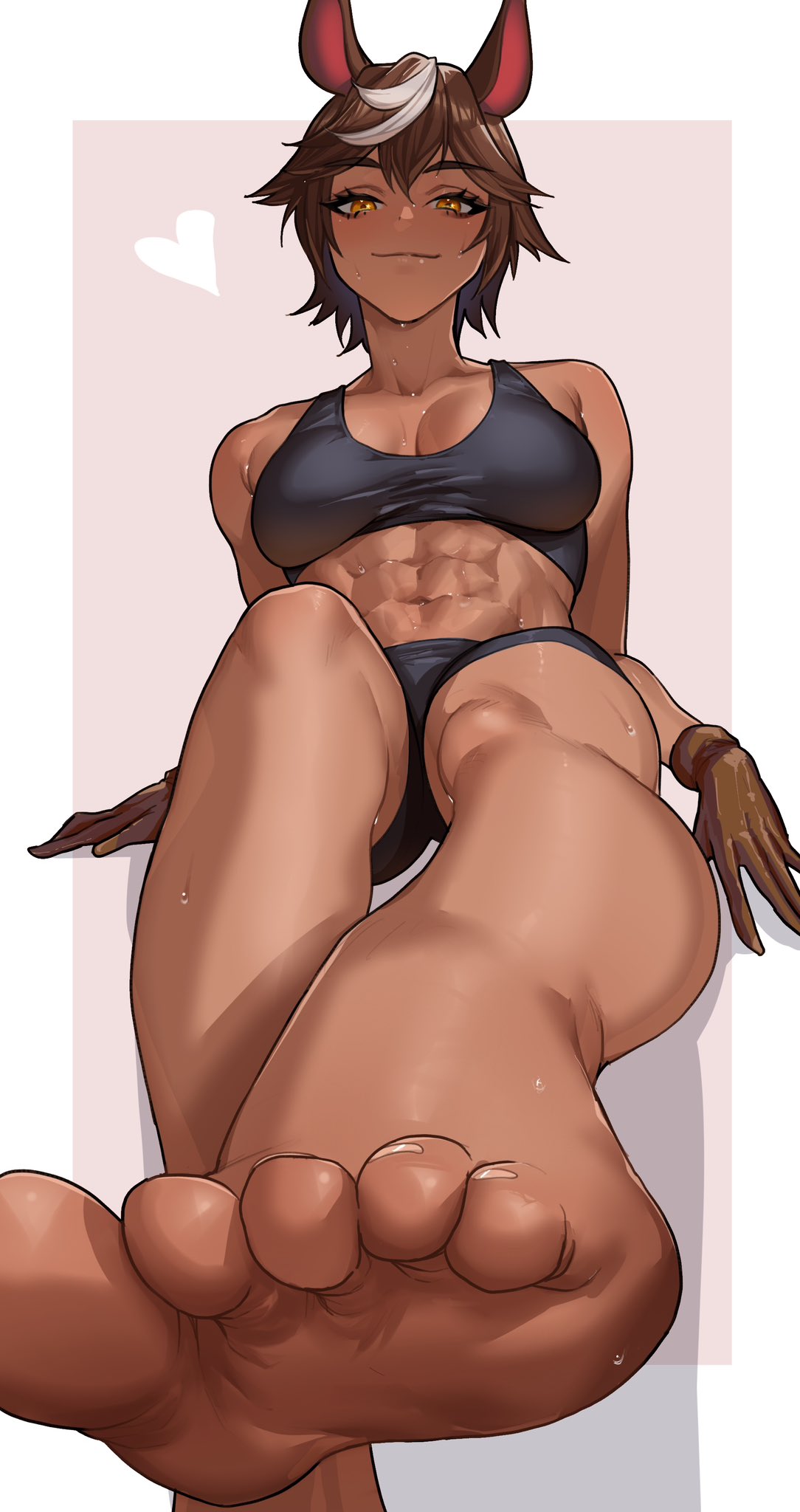 1girls abs athletic athletic_female barefoot black_bottomwear black_clothing black_topwear bottomwear brown-skinned_female brown_gloves brown_hair brown_scales buff feet female female_focus female_only foot_fetish foot_focus gloves horse horse_ears horse_girl indie_virtual_youtuber looking_at_viewer multicolored_hair orange_eyes pov pov_eye_contact pov_feet reverseki_ya six_pack solo solo_female sweat sweatdrop sweating sweaty sweaty_body tan_body tan_skin tan_skinned_female tanned toes tomboy topwear umari_tomoe upshot virtual_youtuber vtuber white_hair