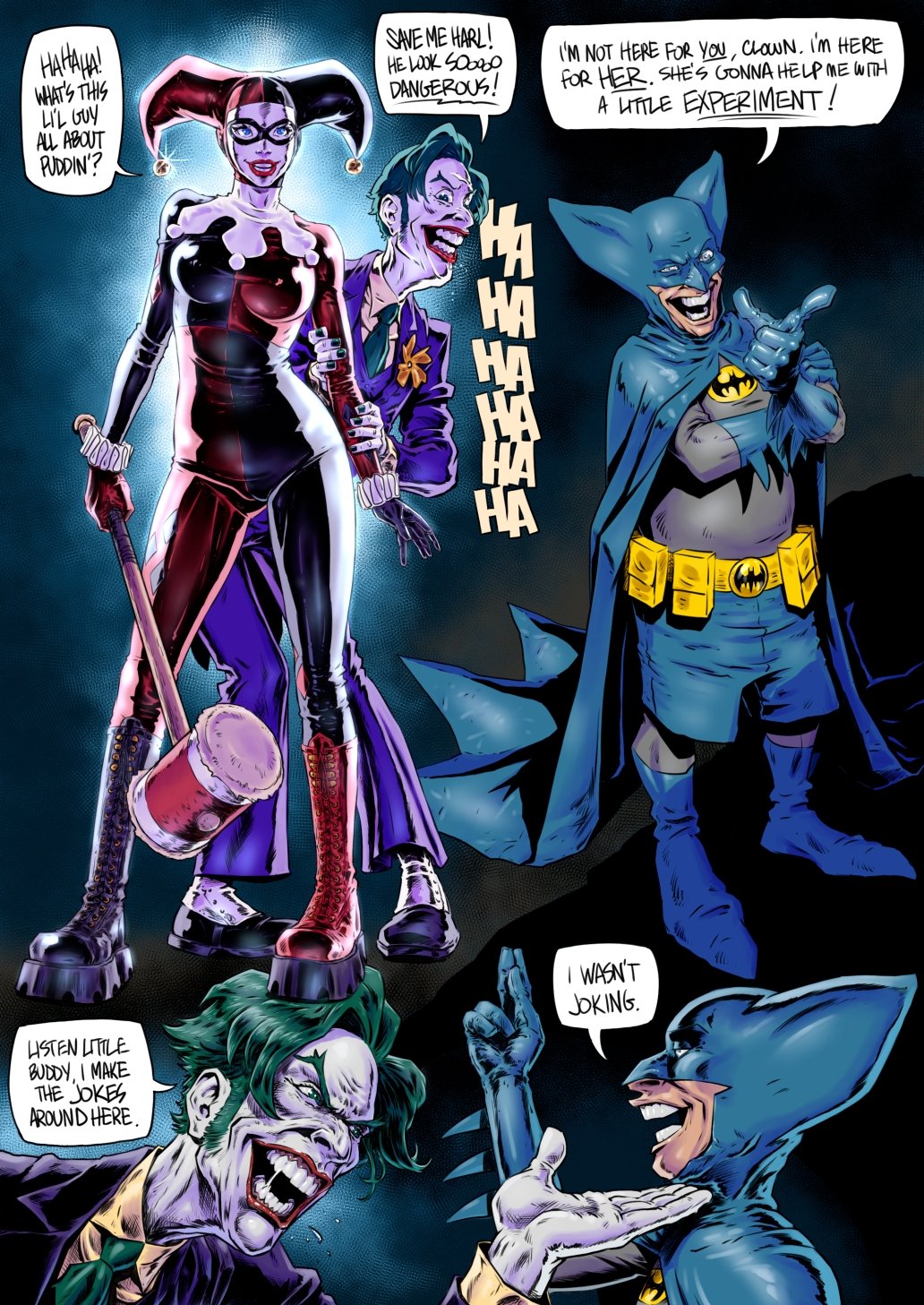 1girls 2boys batman_(series) batmite big_breasts bodysuit clowning_around_(batmite_vs_harley_quinn)_(comic) comic comic_page dc dc_comics dialogue digital_drawing_(artwork) eyebrows eyelashes eyes female fenris_comix hair harley_quinn harley_quinn_(classic) light-skinned_female light_skin lips male multiple_boys speech_bubble the_joker